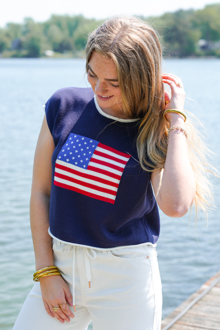 Short Sleeve American Flag Knit Top