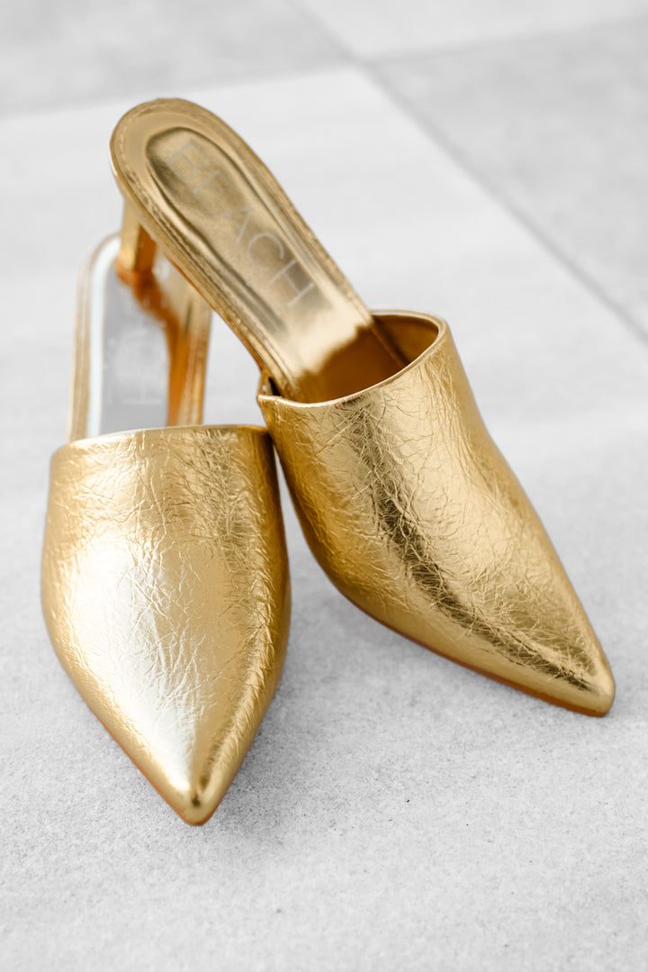 Textured Metallic Vegan Leather Pointed Toe Slip On Heel