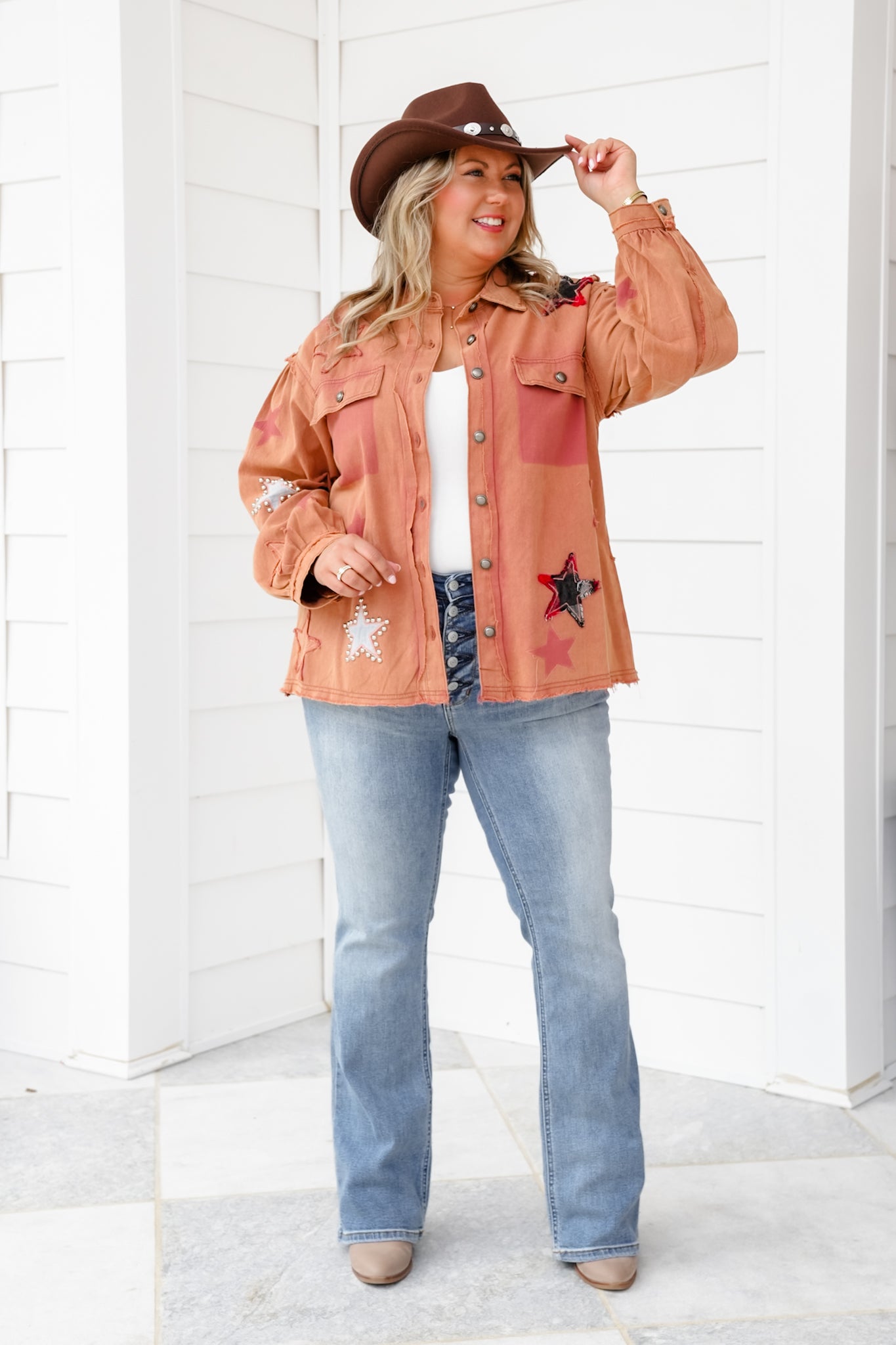 POL Long Sleeve Button Down Shacket with Star Detail
