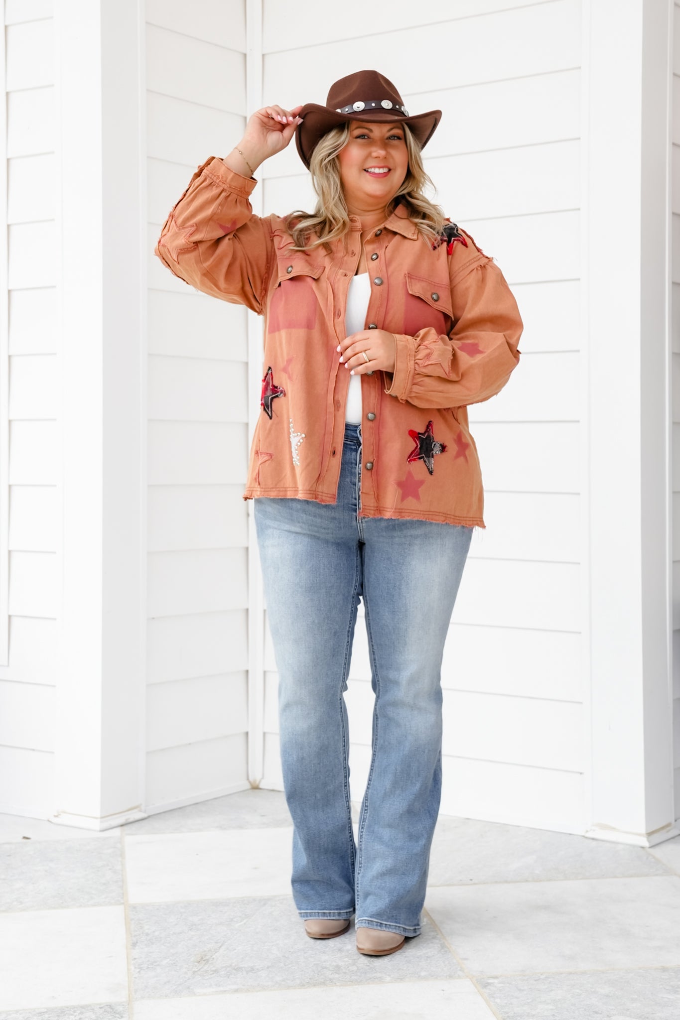 POL Long Sleeve Button Down Shacket with Star Detail