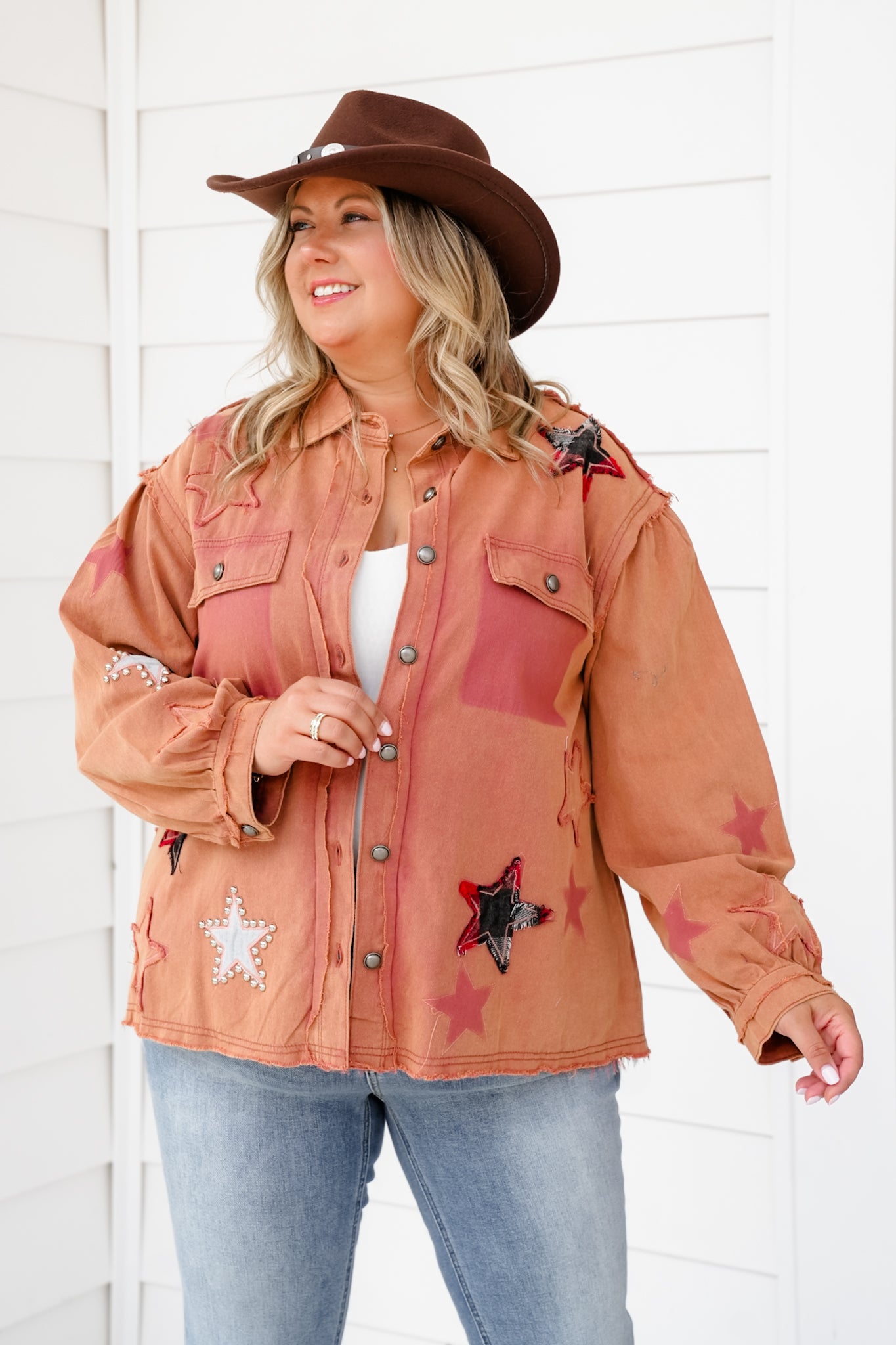 POL Long Sleeve Button Down Shacket with Star Detail