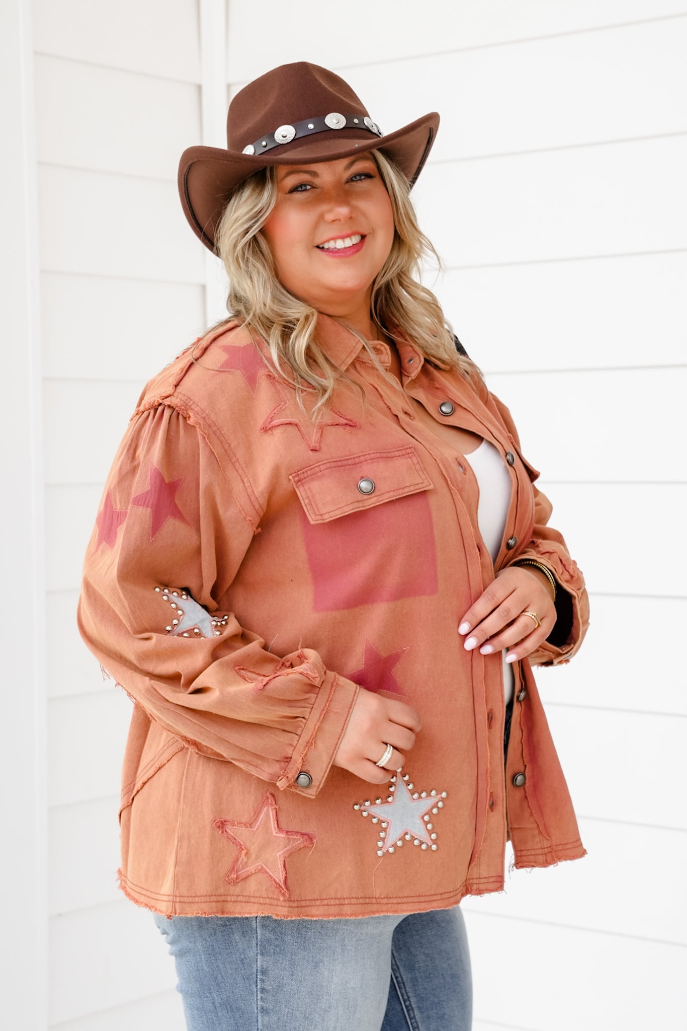 POL Long Sleeve Button Down Shacket with Star Detail