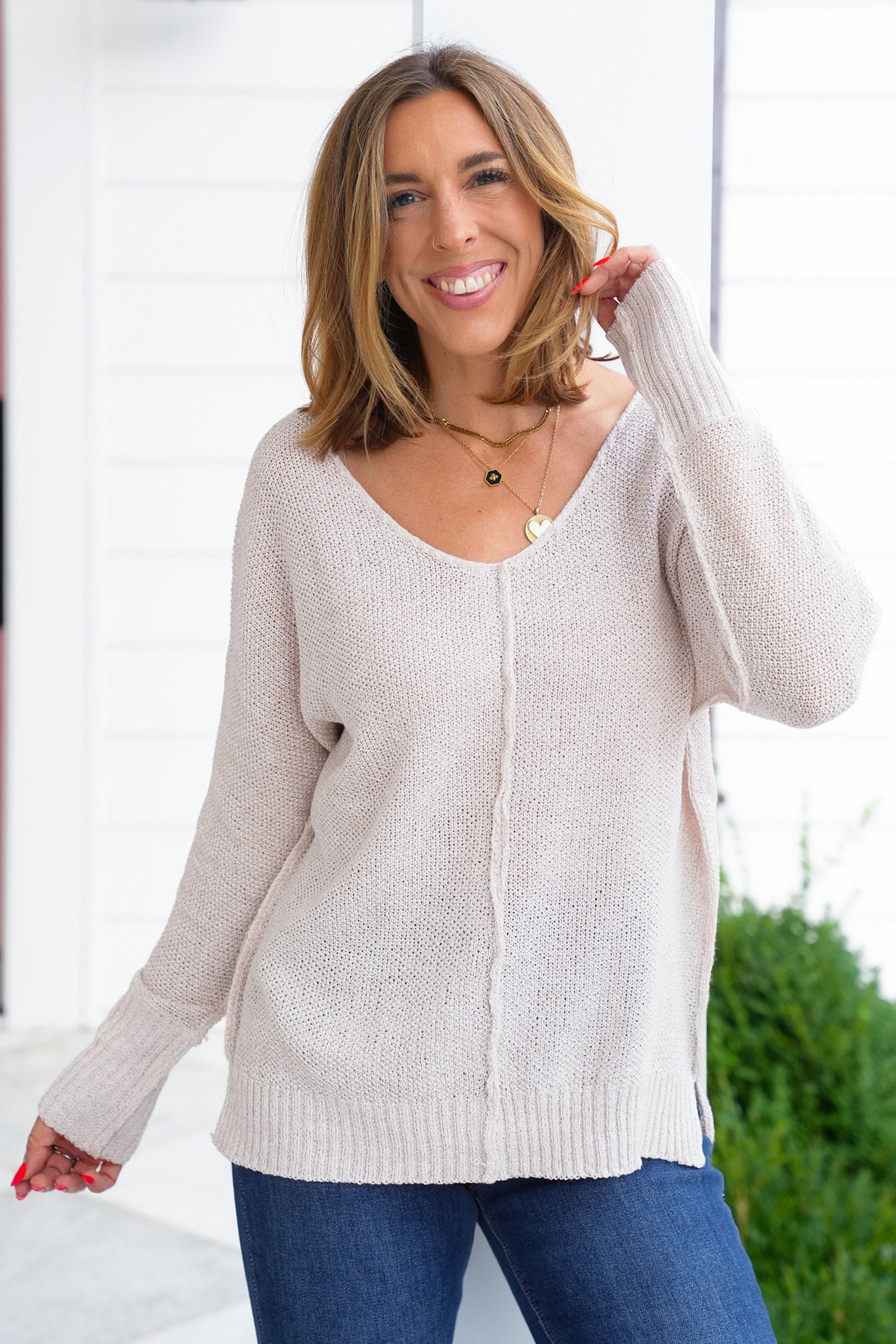 Door Buster! Zenana V-Neck Center Seam Hi-Low Sweater