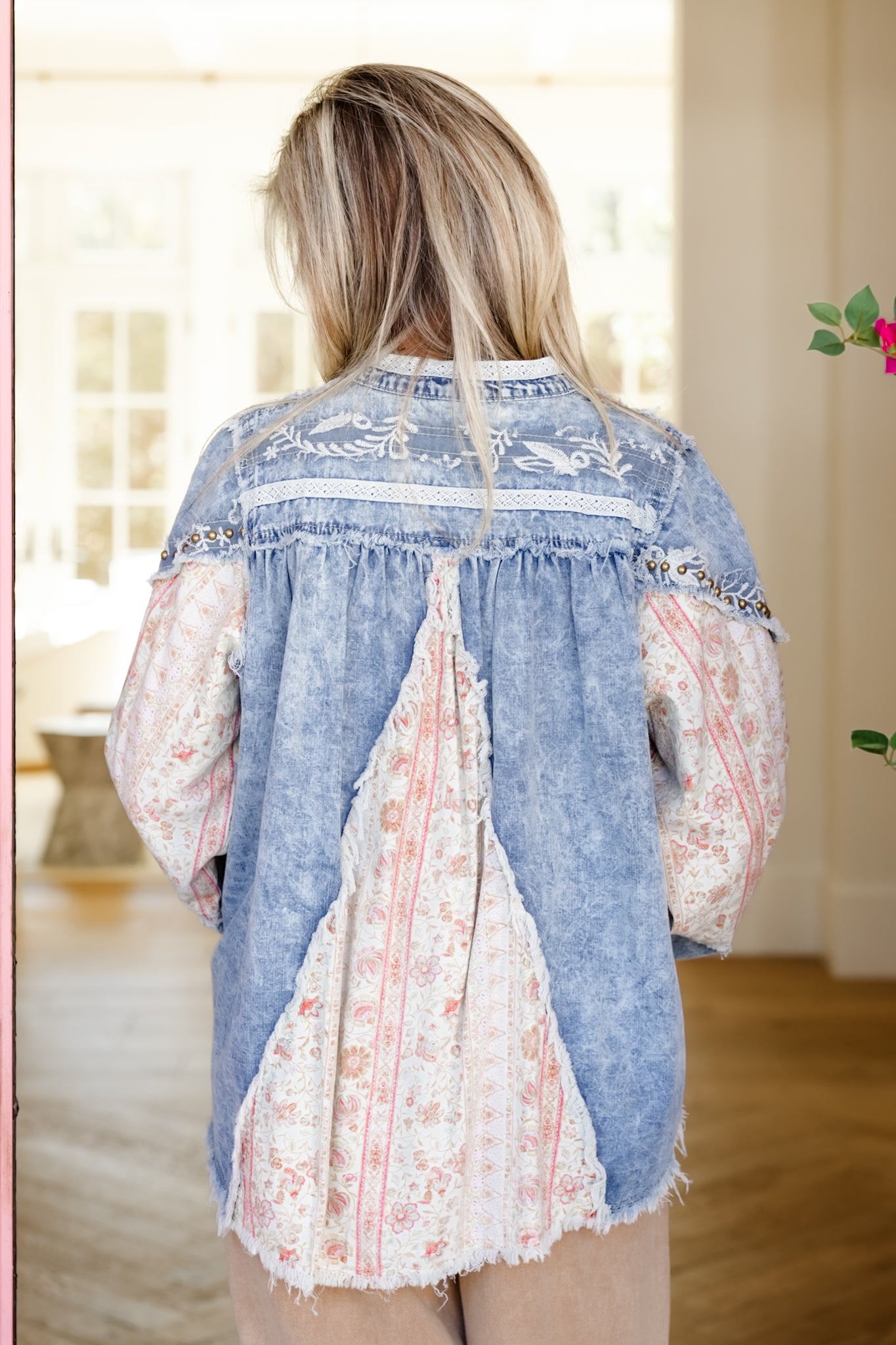 POL Light Wash Long Sleeve Button Up Top with Floral Print
