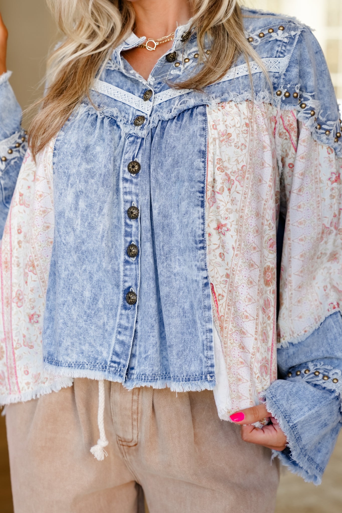 POL Light Wash Long Sleeve Button Up Top with Floral Print