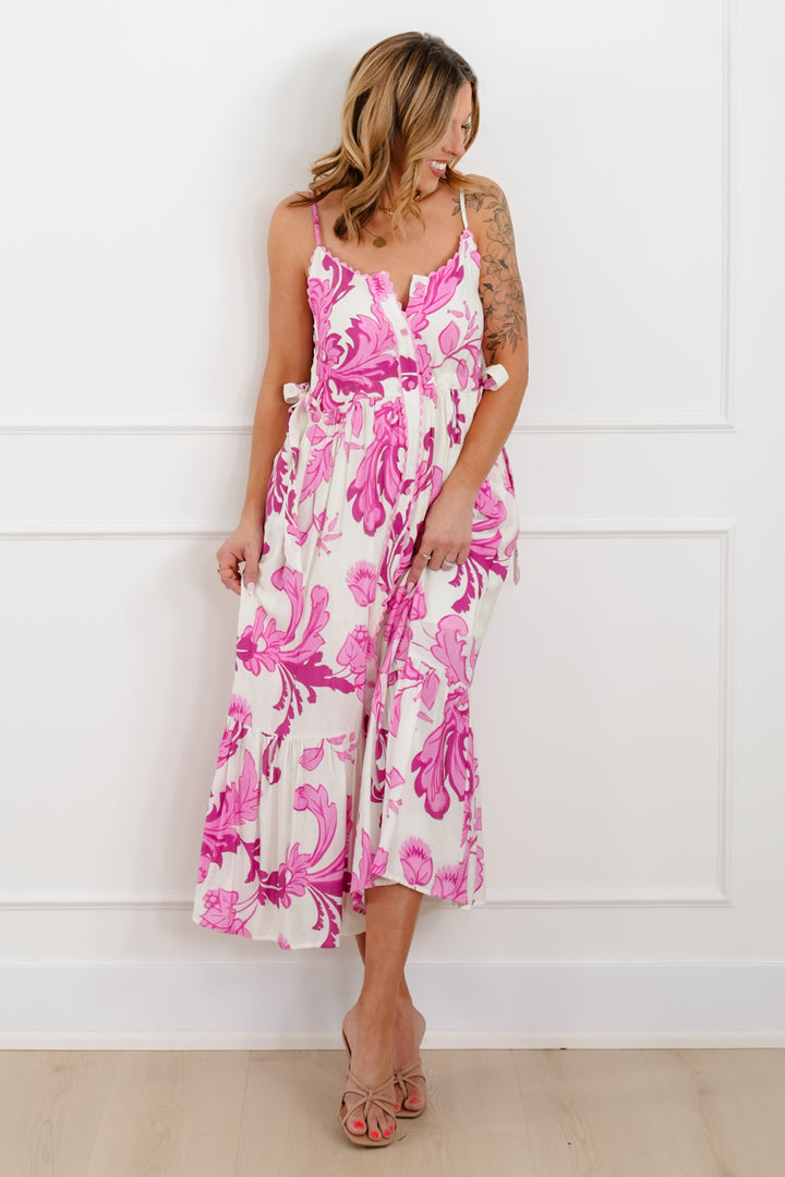 Floral Print Sleeveless Button Down Midi Dress