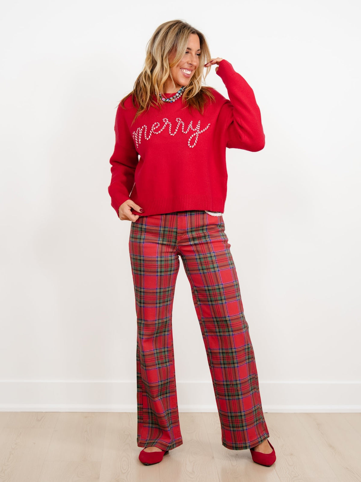 Red Long Sleeve "Merry" Pullover Sweater - Freckled Poppy