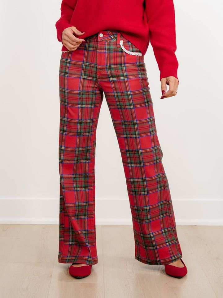 Poppy & Pine Red Plaid Pants with Lace Trim - Freckled Poppy