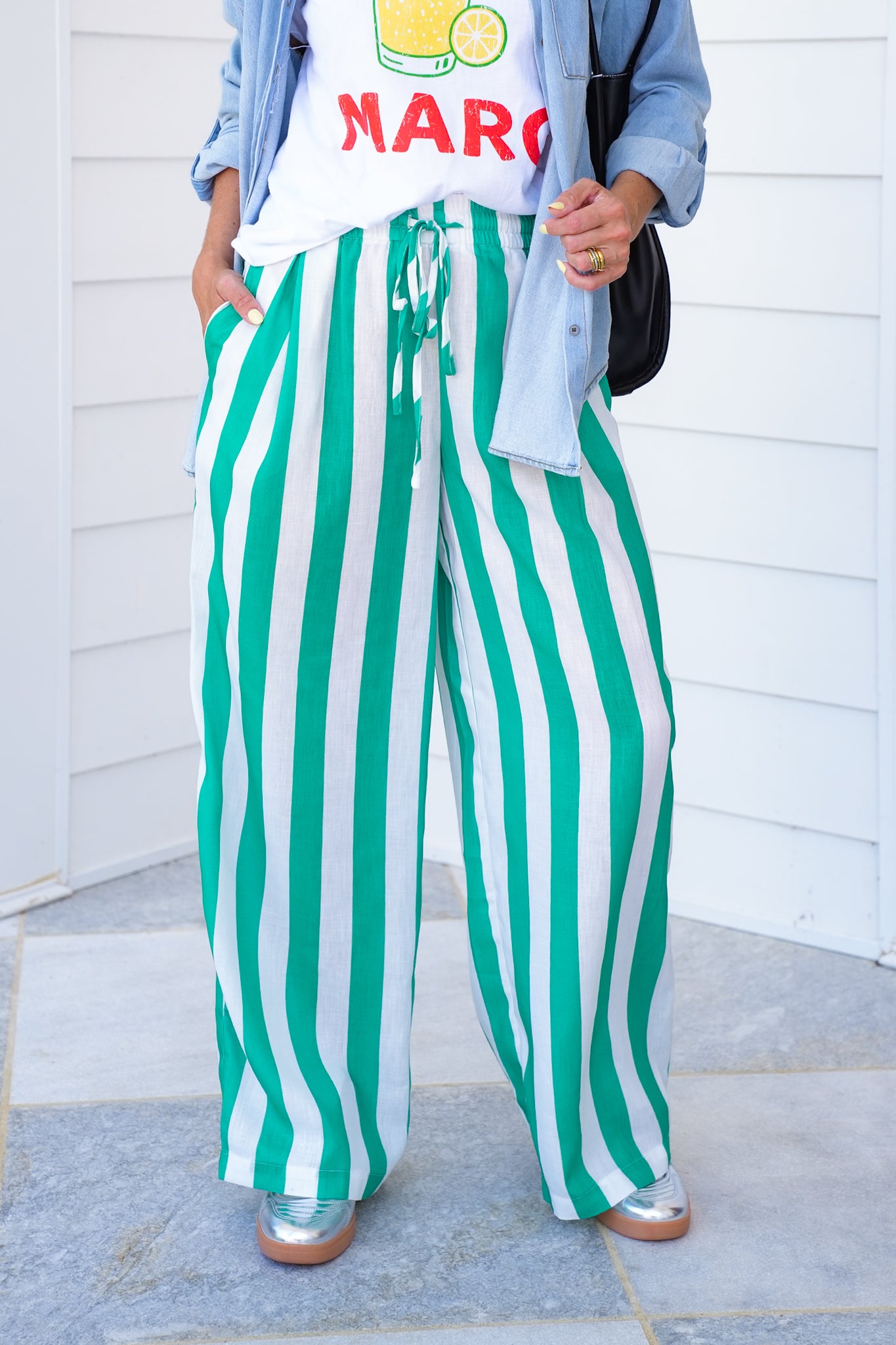 Stripe Elastic Waist Wide Leg Pants