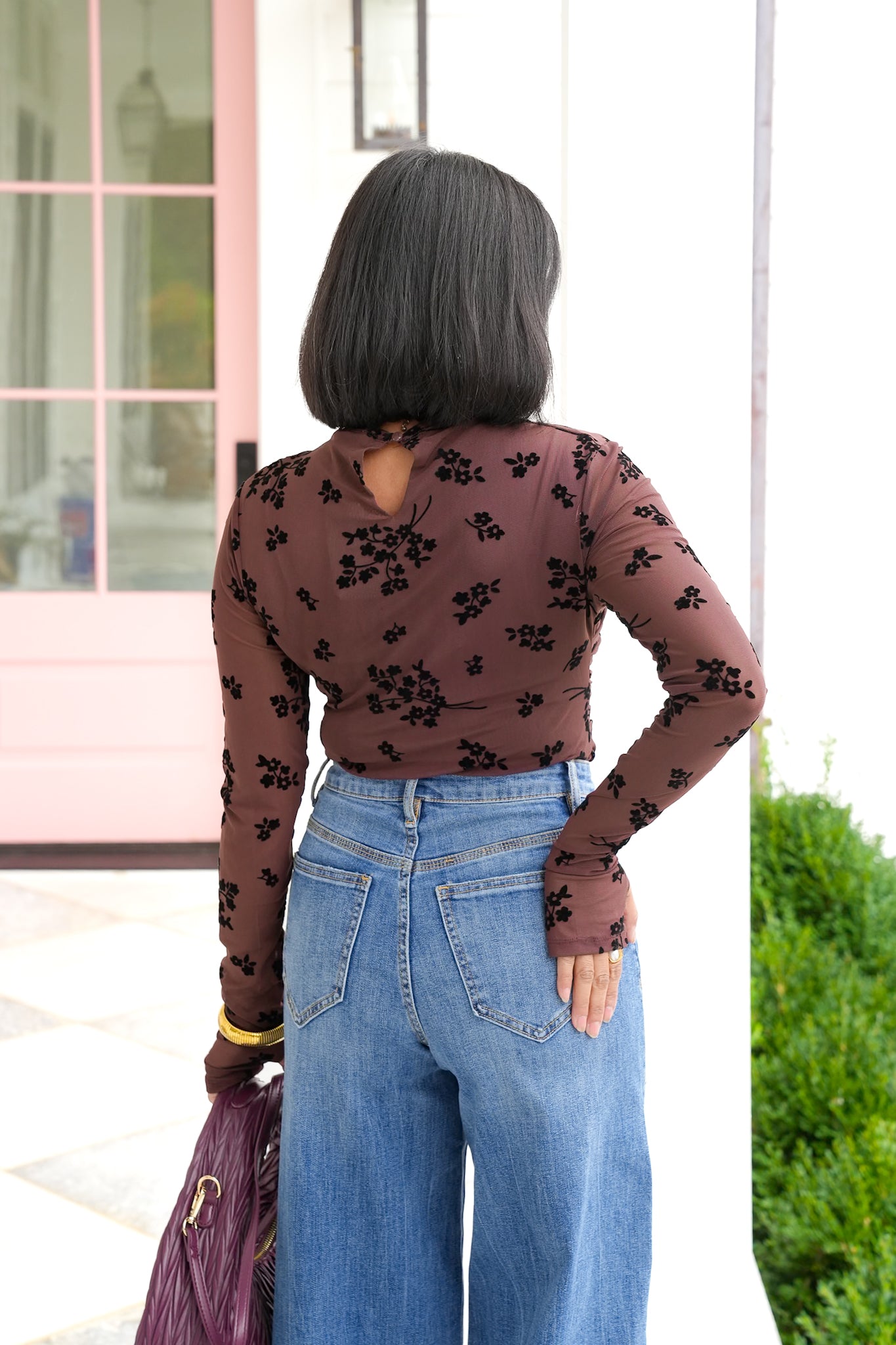 Mesh Long Sleeve Bodysuit with Velvet Flocking