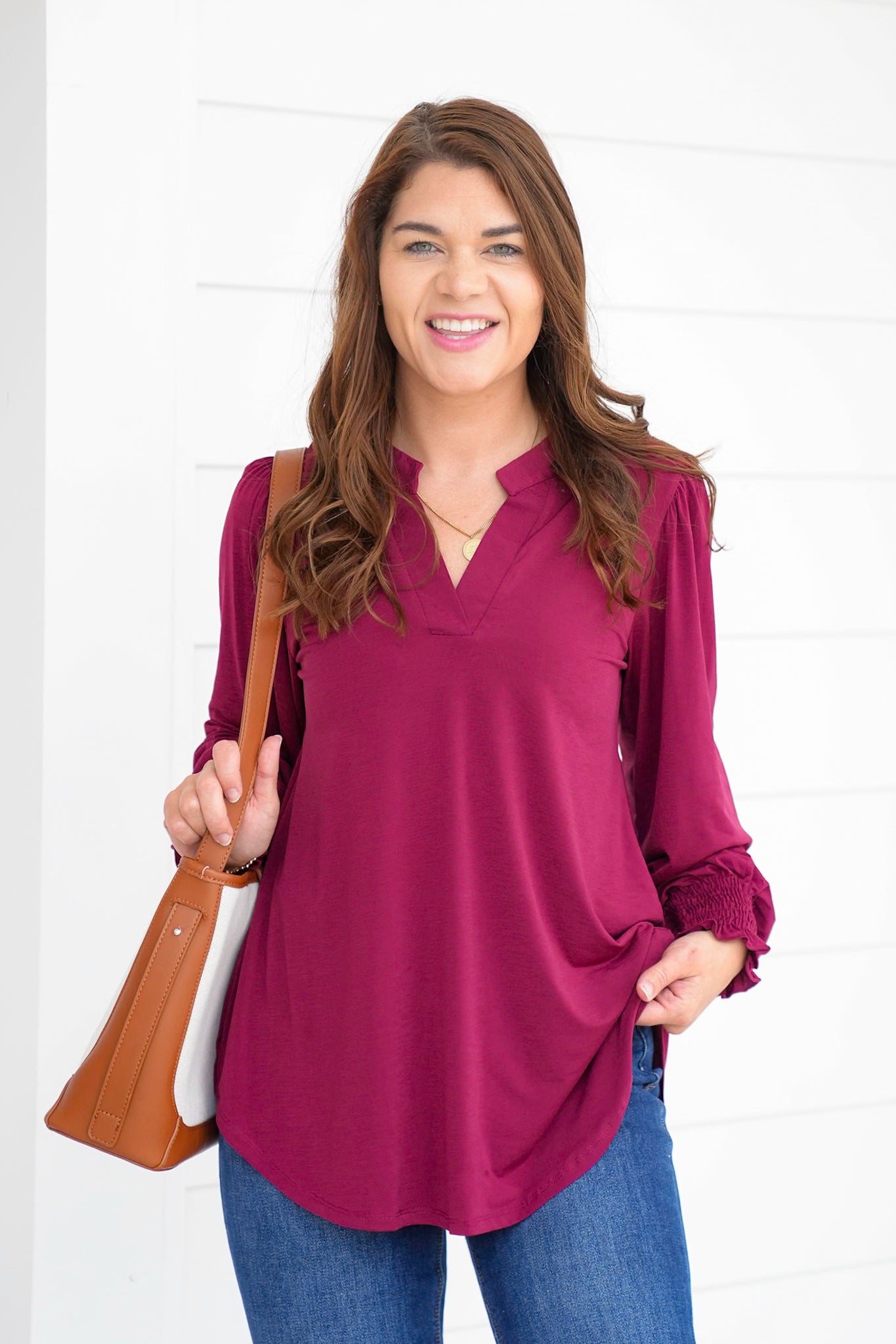 Door Buster! Plus/Reg Solid Long Sleeve Split Neck Tunic Top
