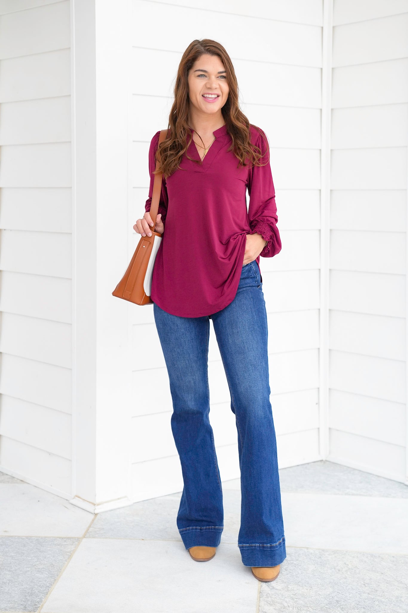 Door Buster! Plus/Reg Solid Long Sleeve Split Neck Tunic Top