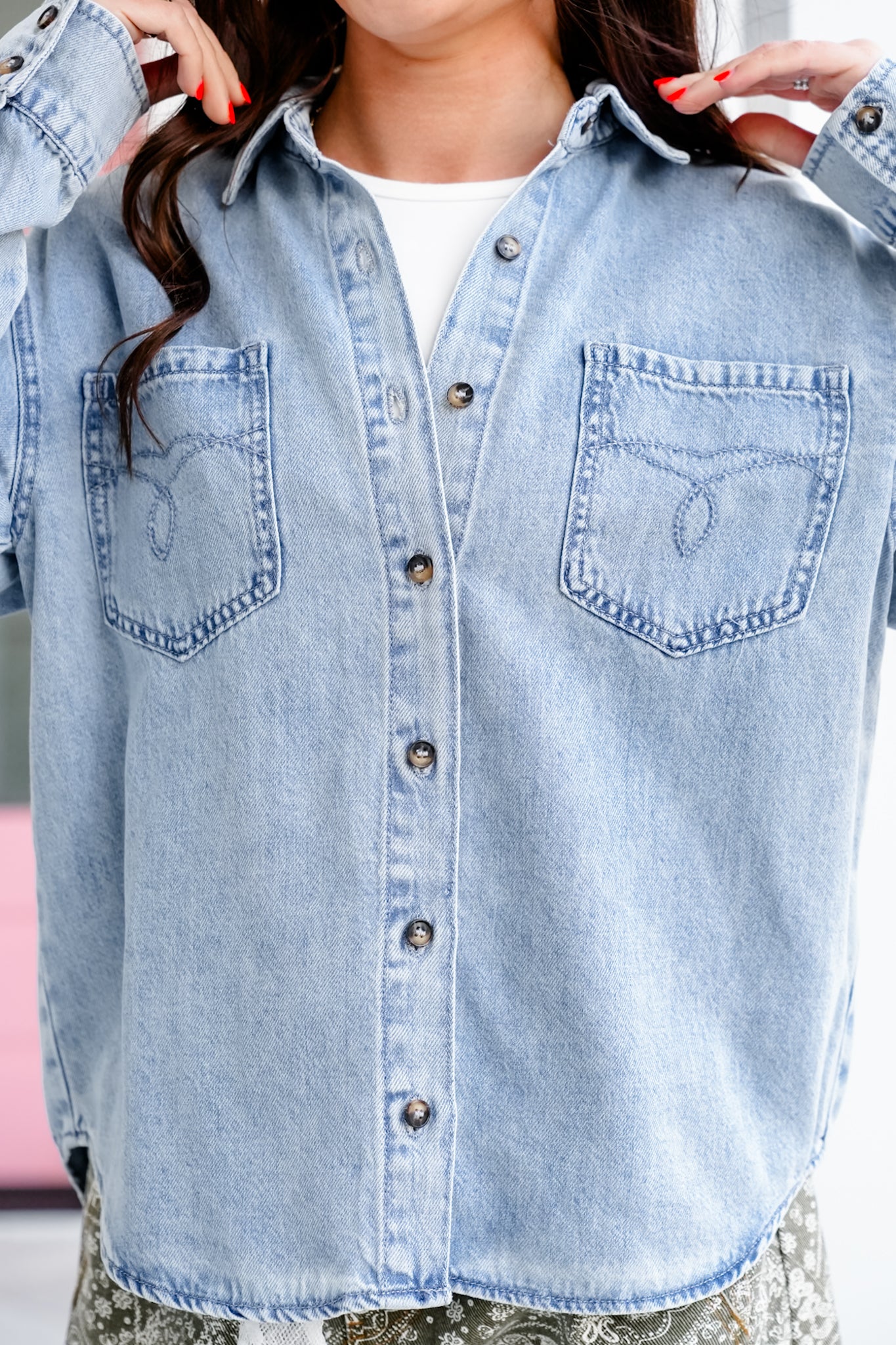 Plus/Reg Judy Blue Light Wash Long Sleeve Button Down Top