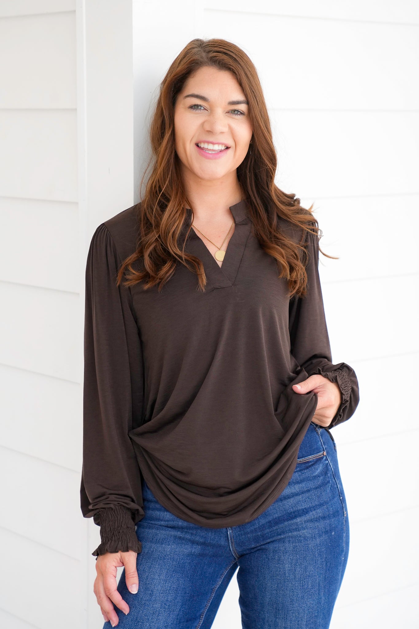 Door Buster! Plus/Reg Solid Long Sleeve Split Neck Tunic Top