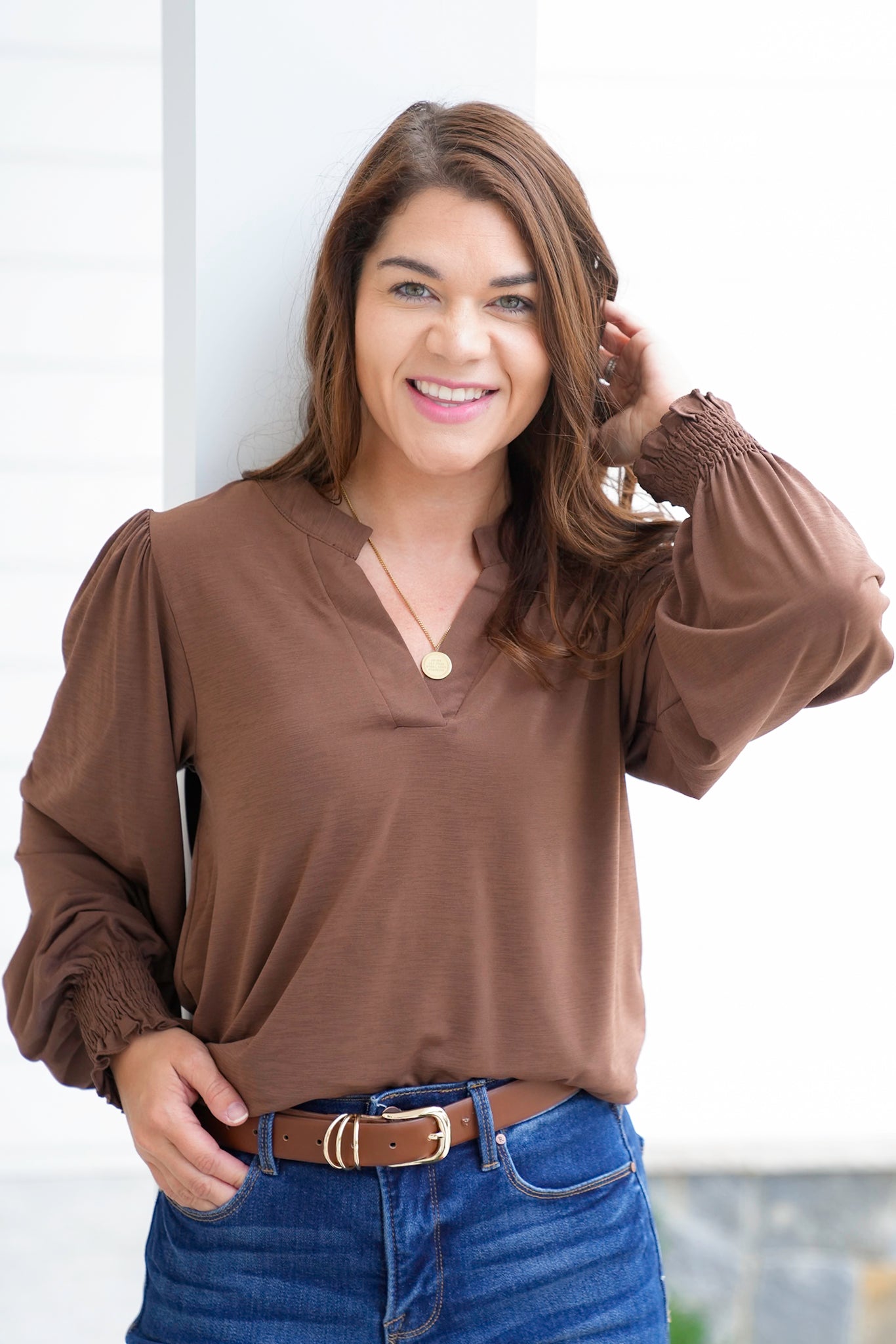 Door Buster! Plus/Reg Solid Long Sleeve Split Neck Tunic Top