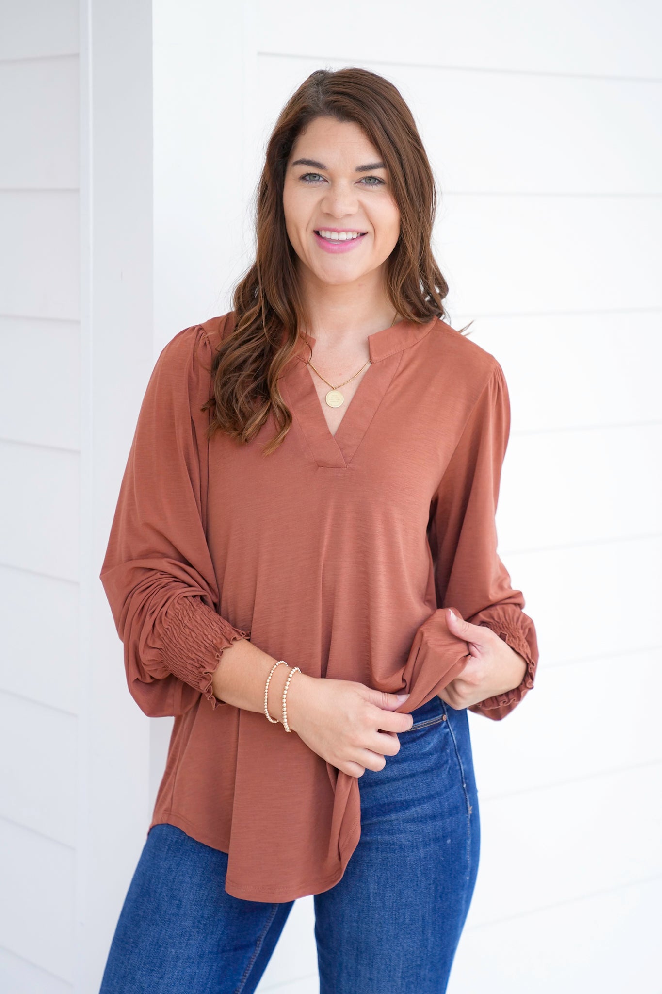 Door Buster! Plus/Reg Solid Long Sleeve Split Neck Tunic Top