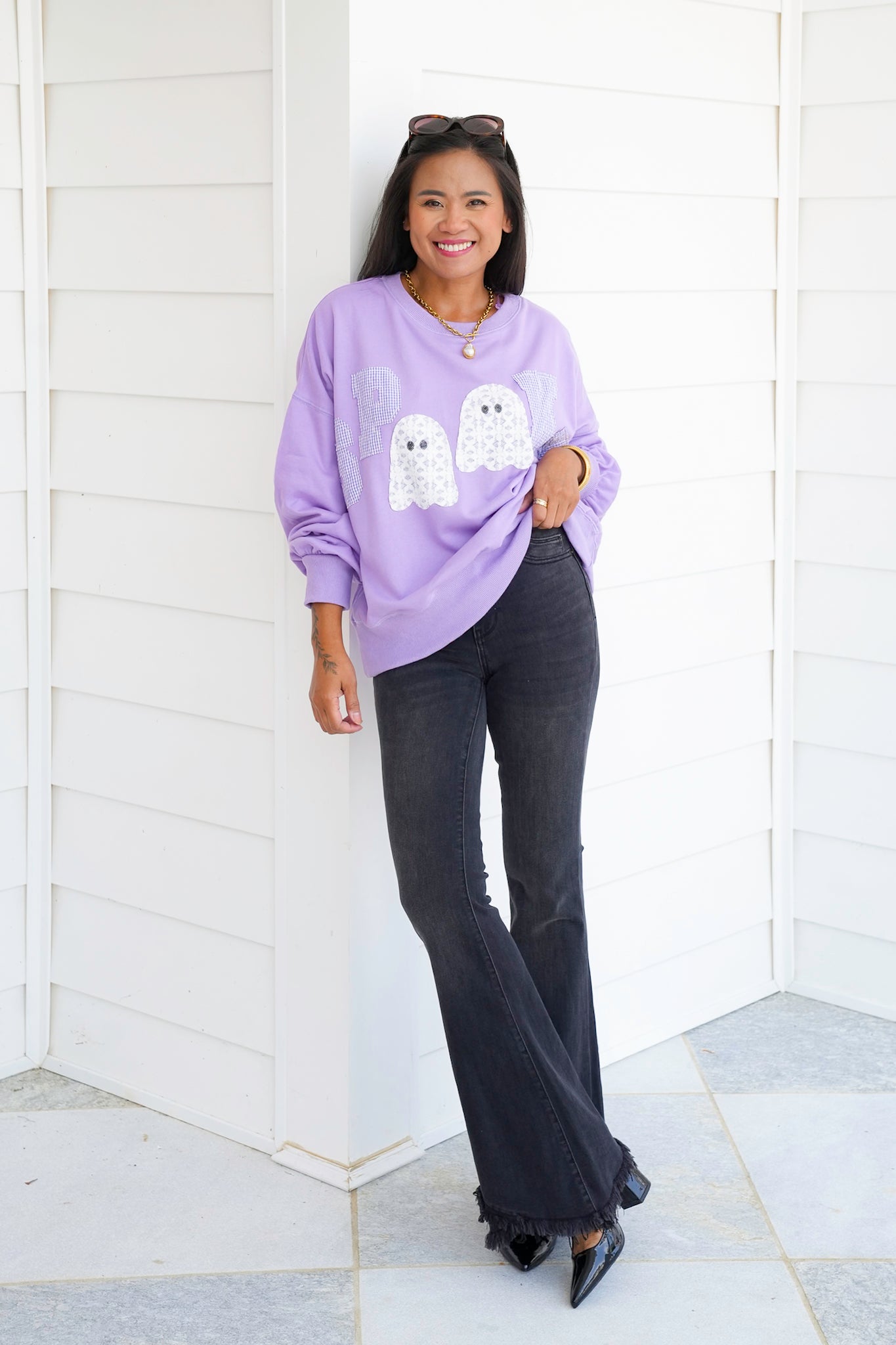 Long Sleeve Crew Neck "Spooky" Sweatshirt With Ghosts