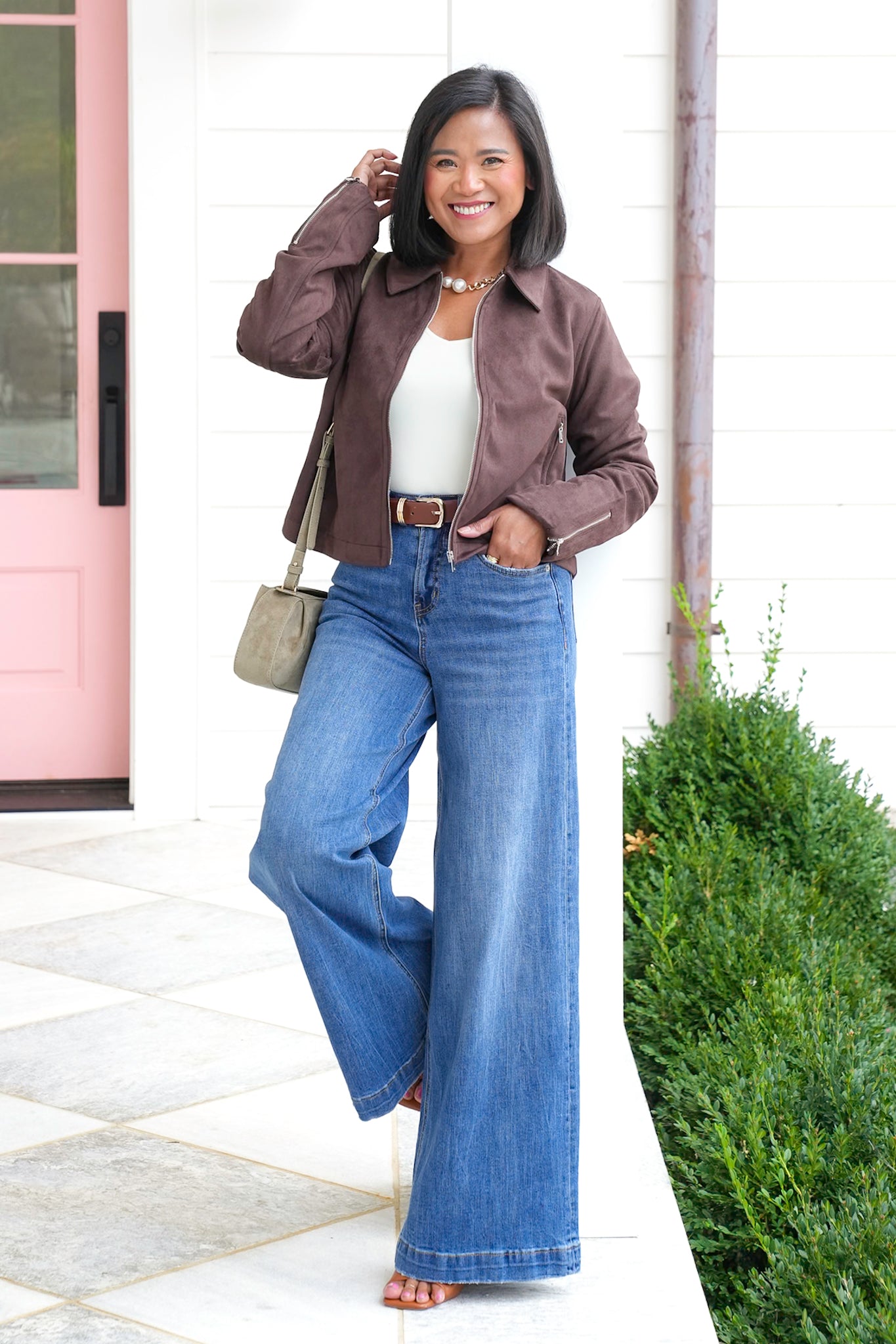 Vegan Suede Collared Long Sleeve Zip Up Jacket