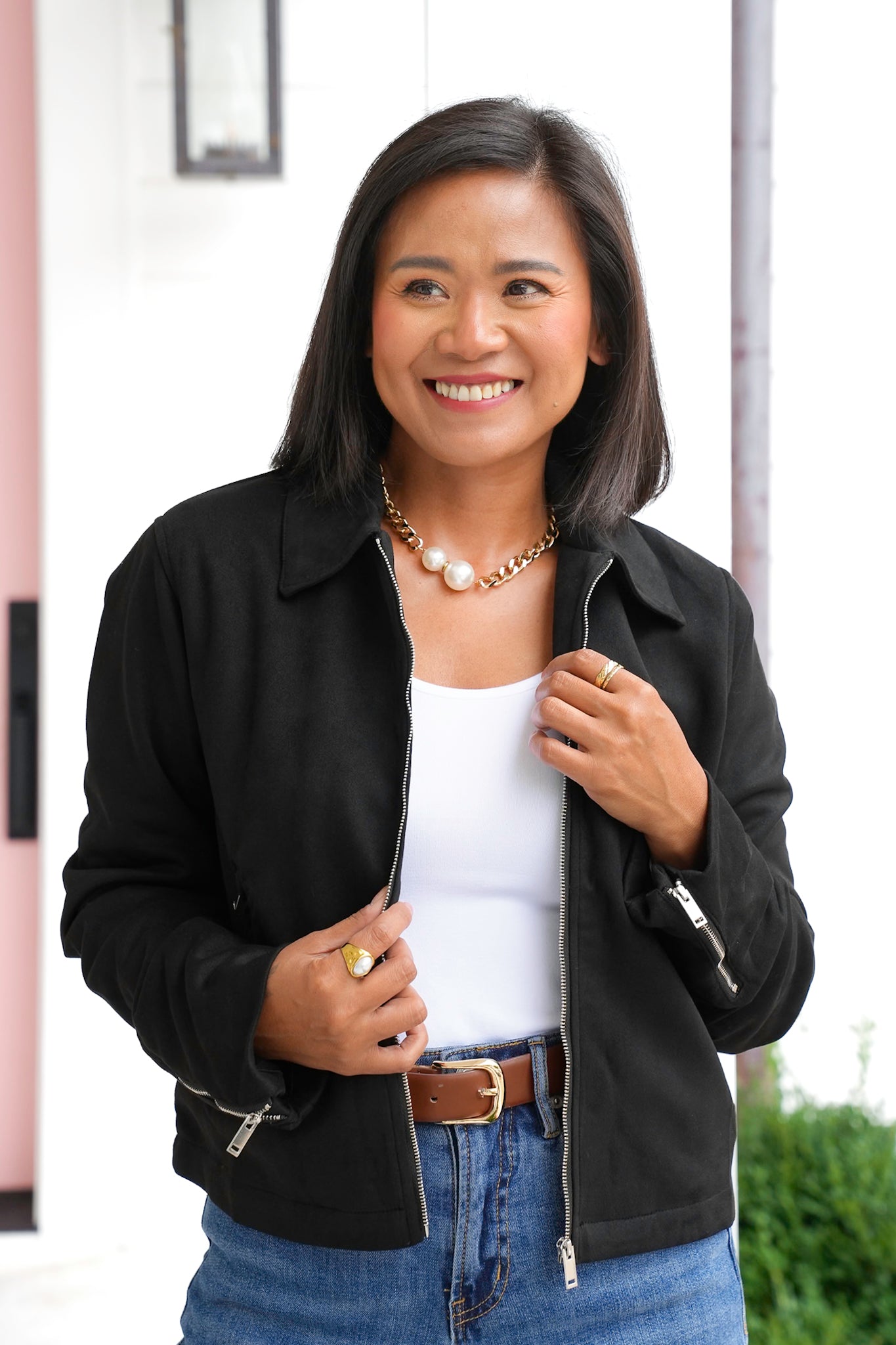 Vegan Suede Collared Long Sleeve Zip Up Jacket
