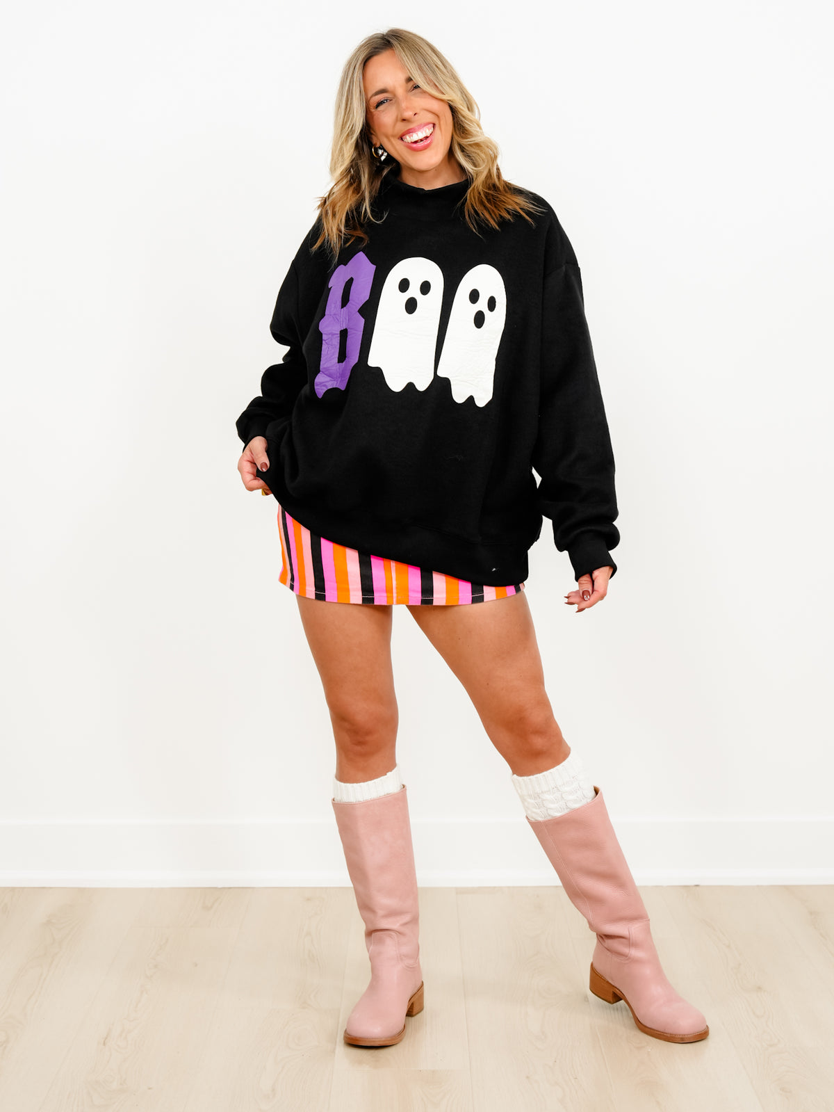 Long Sleeve Mock Neck Reversible "BOO" Halloween Graphic Sweatshirt