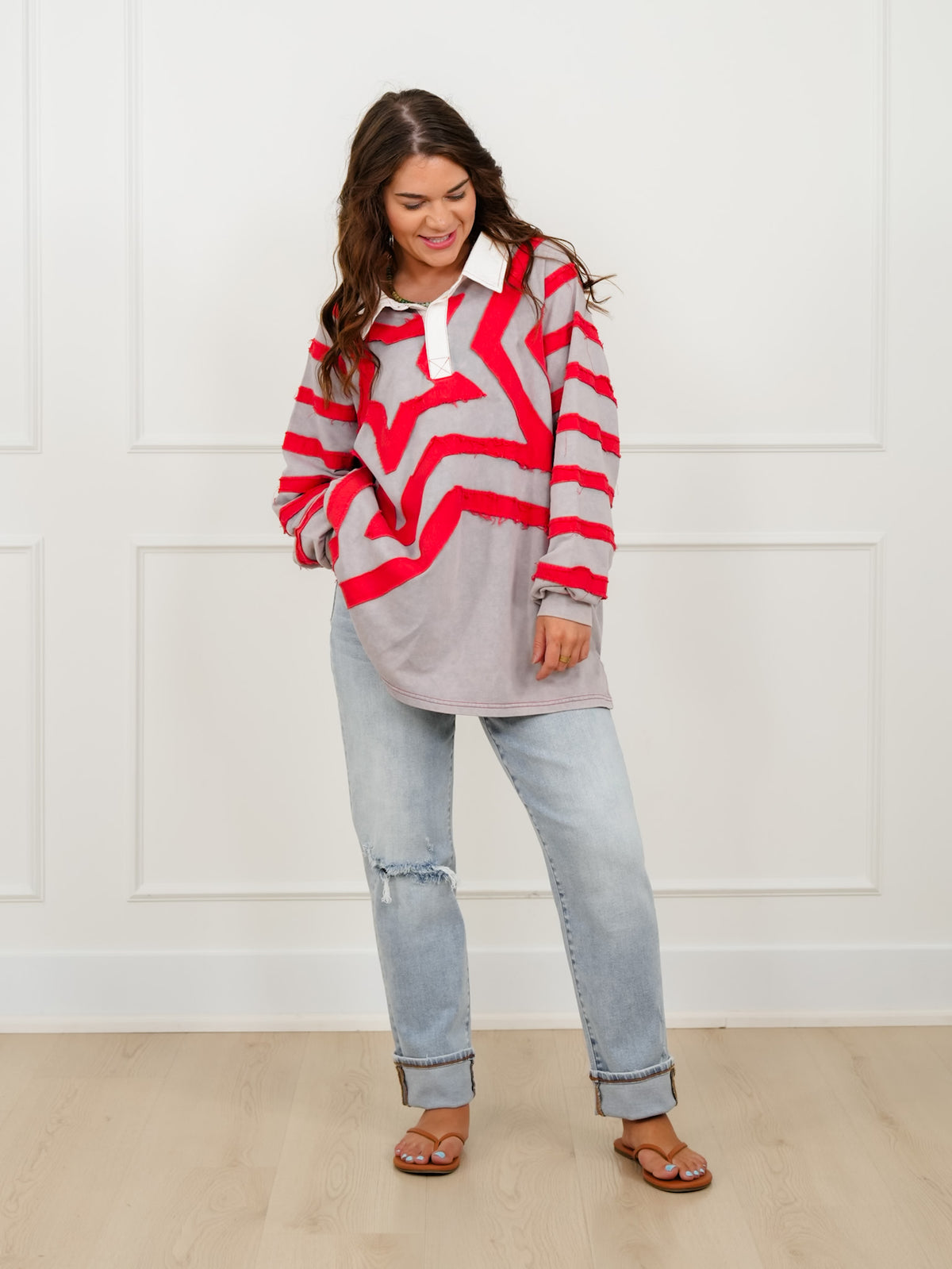 Star Pattern Long Sleeve Collared Top with Side Pockets