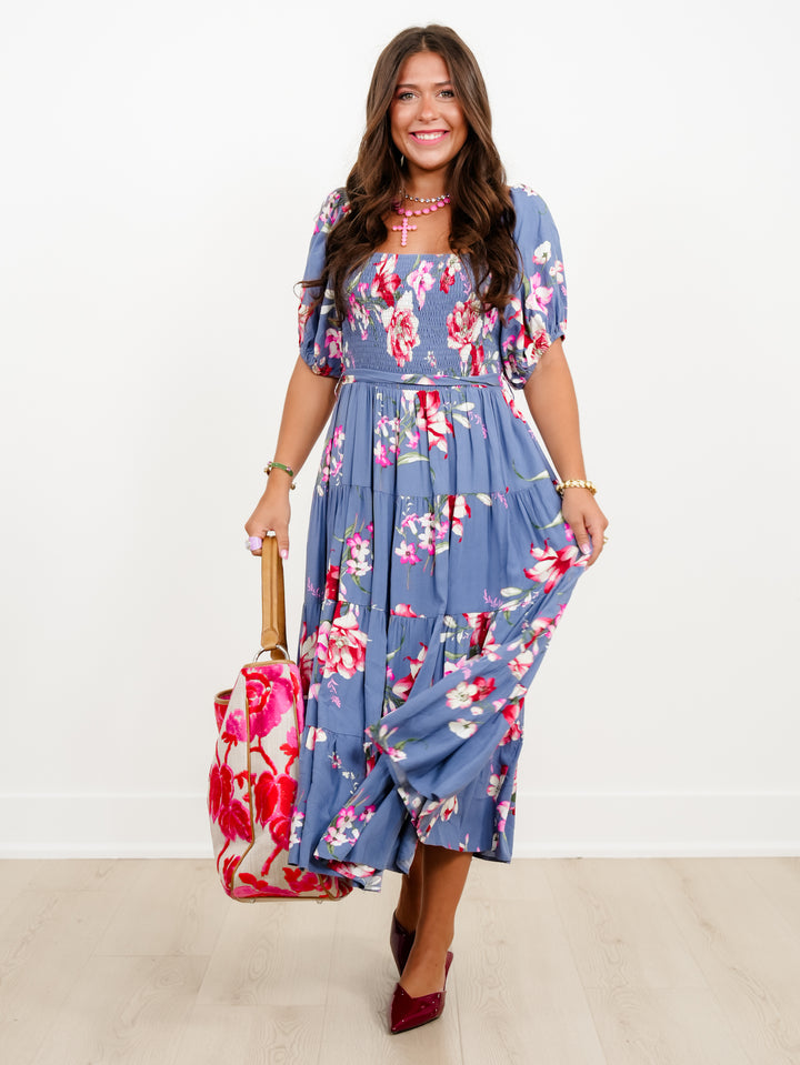Floral Print Short Sleeve Square Neck Maxi Dress - Freckled Poppy