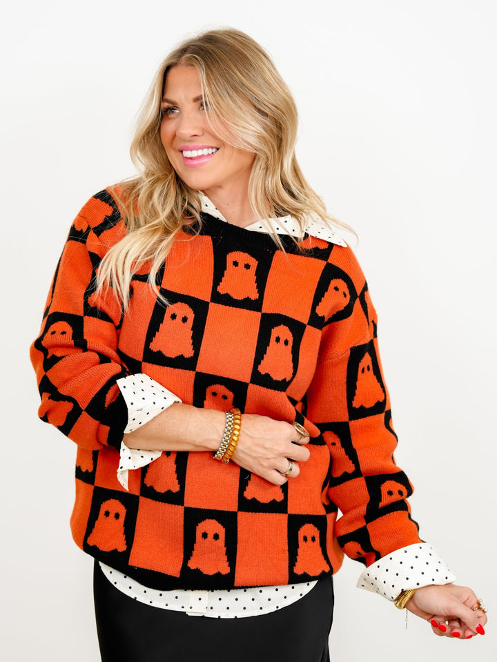 Checkered Ghost Long Sleeve Pullover Sweater - Freckled Poppy