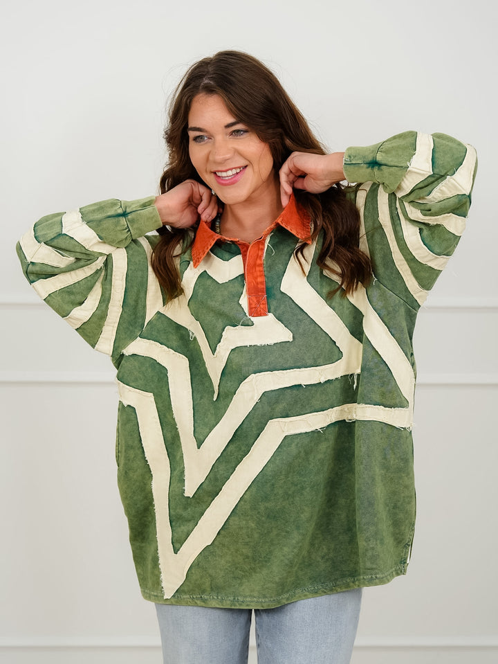 Star Pattern Long Sleeve Collared Top with Side Pockets