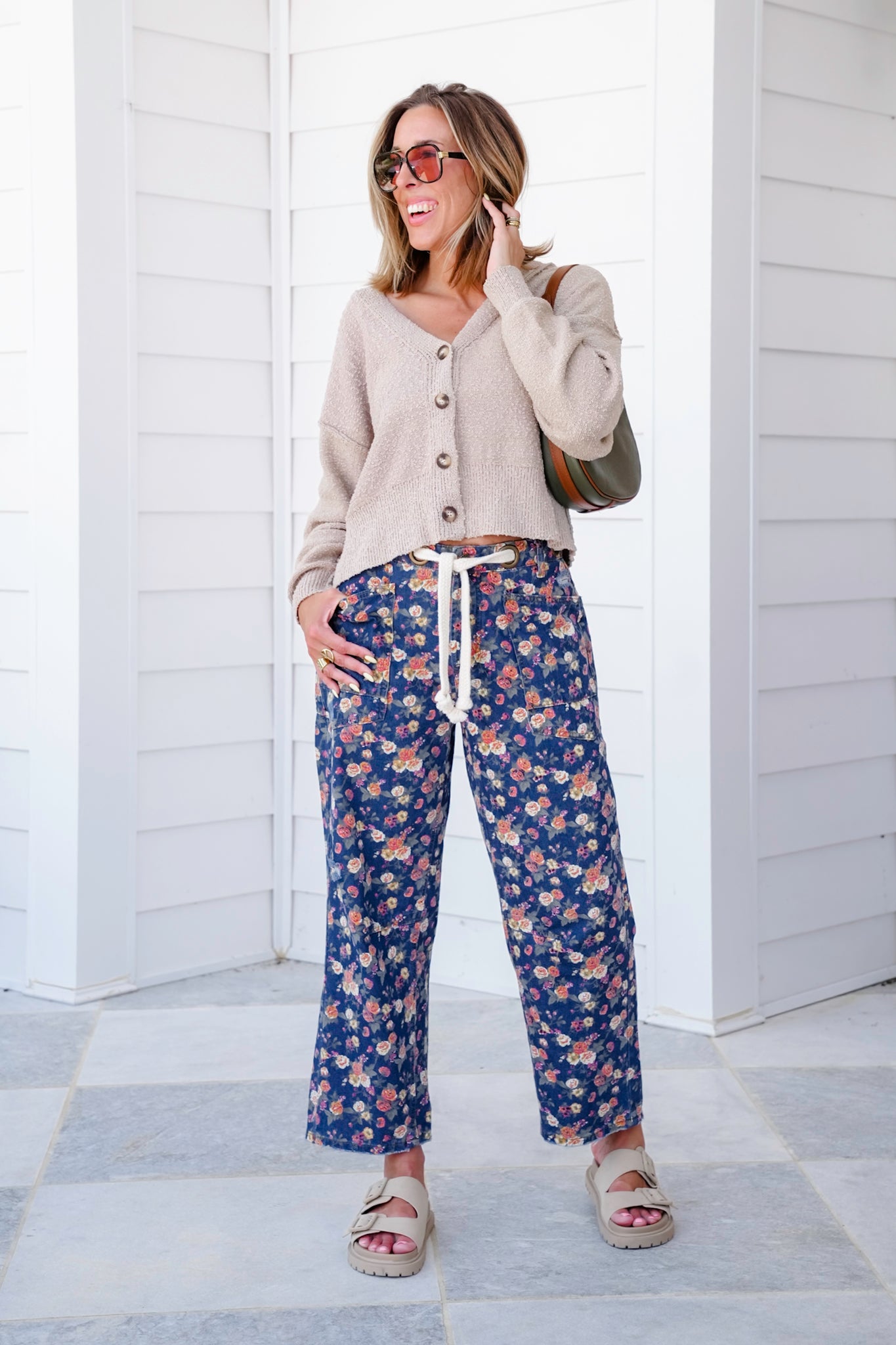 Floral Mineral Wash Pants with Braided Belt Detail