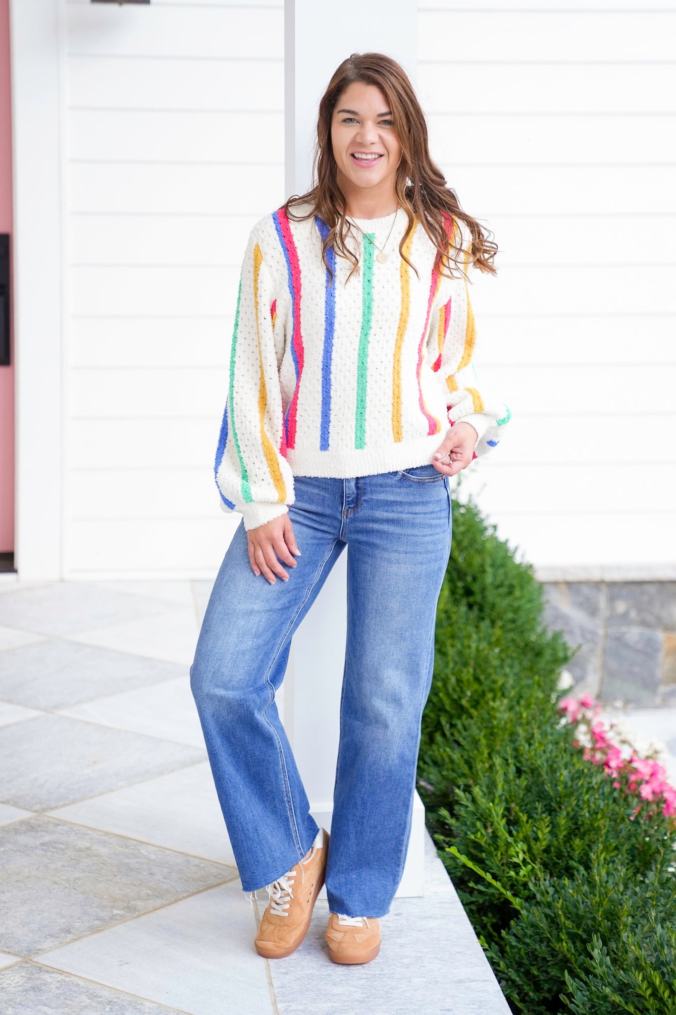 POL Stripe Long Sleeve Round Neck Sweater