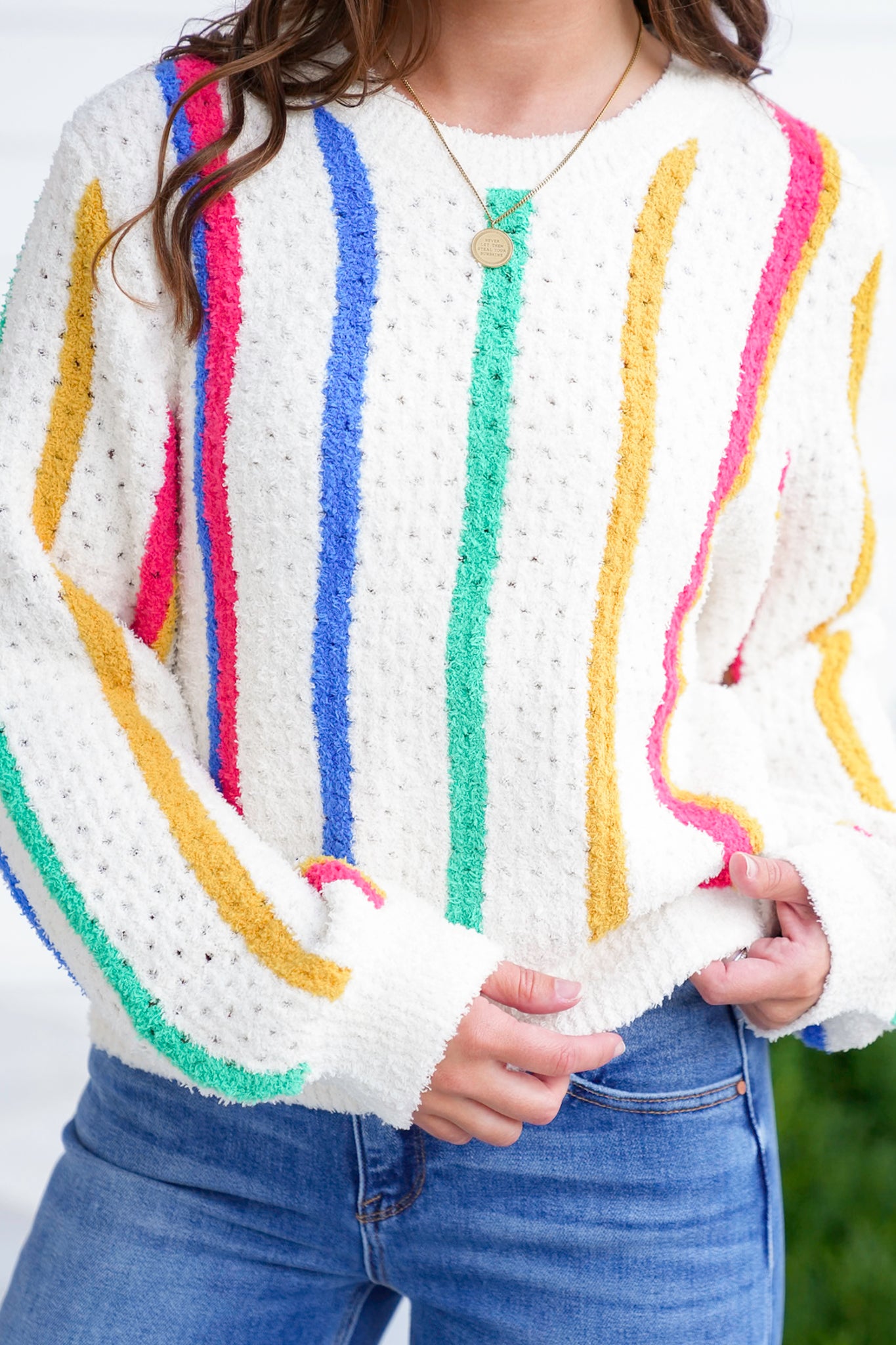 POL Stripe Long Sleeve Round Neck Sweater