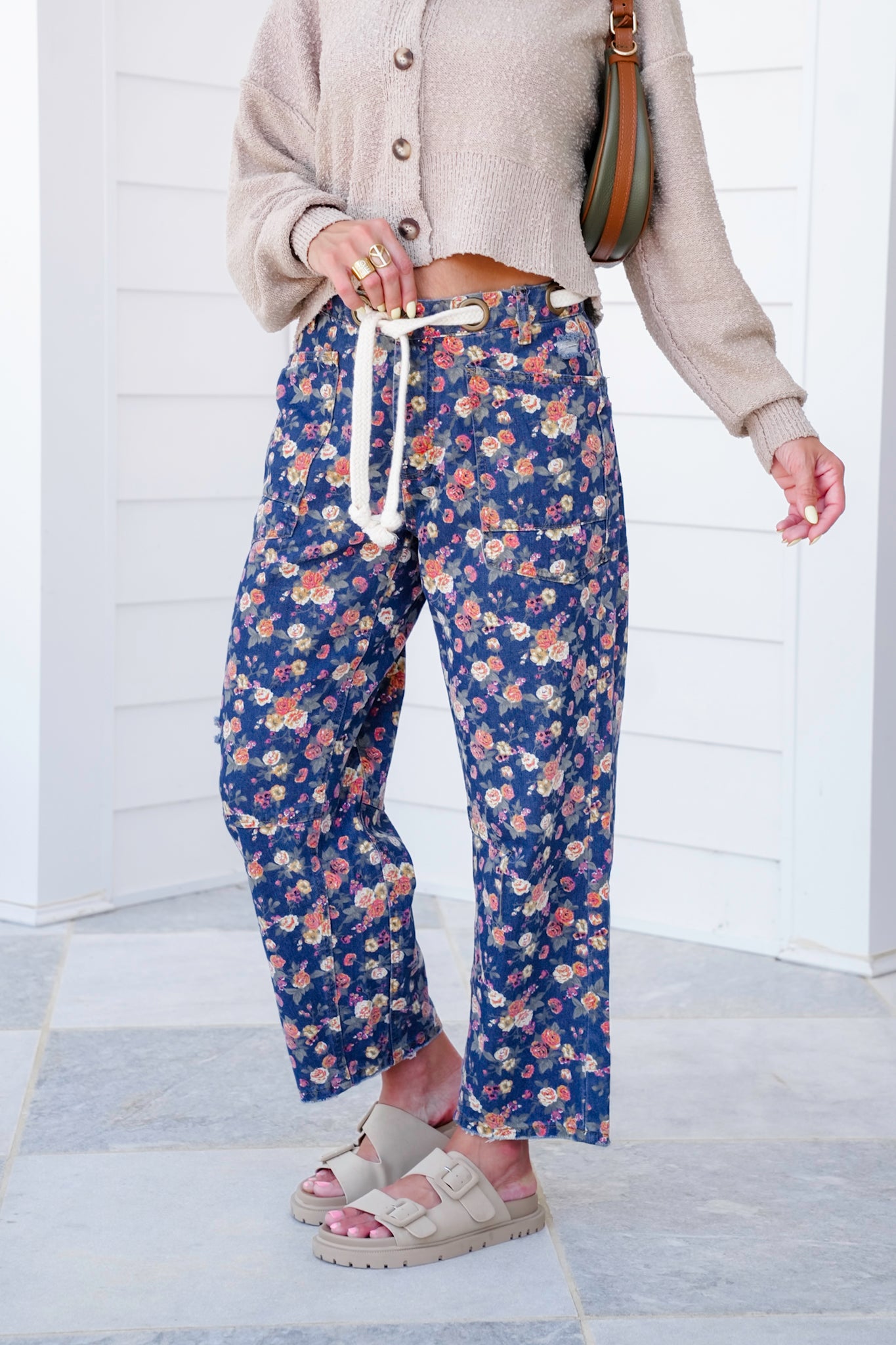 Floral Mineral Wash Pants with Braided Belt Detail