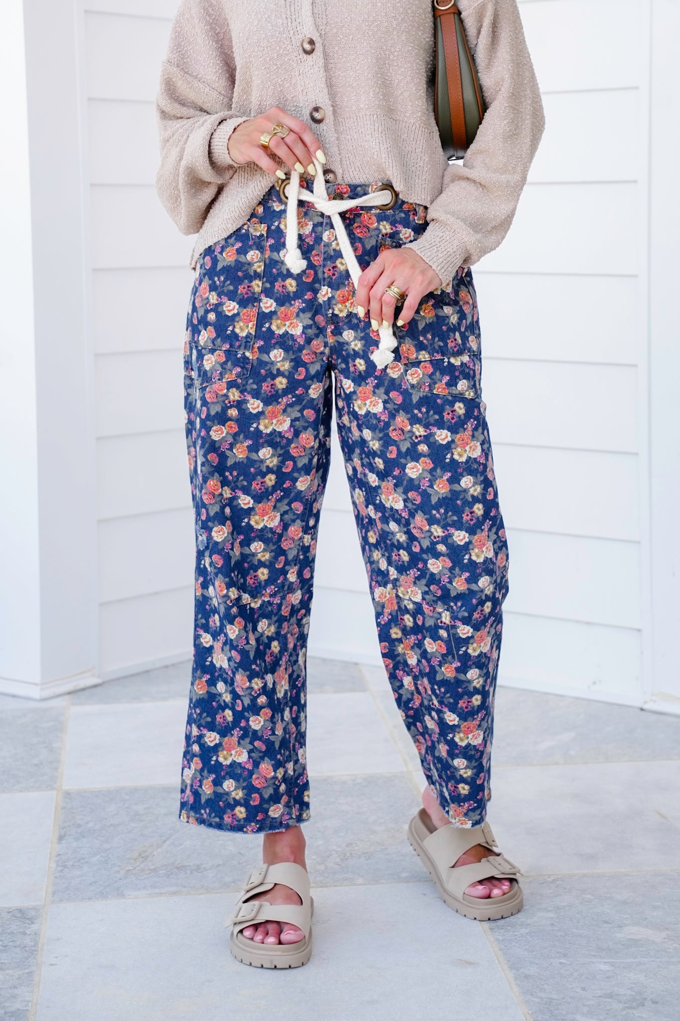 Floral Mineral Wash Pants with Braided Belt Detail