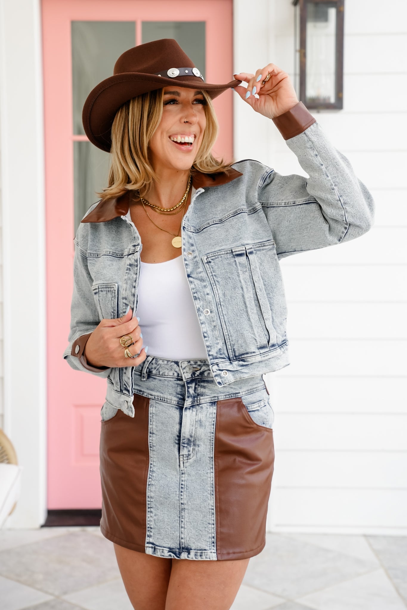 Long Sleeve Button Up Jacket with Vegan Leather Detail