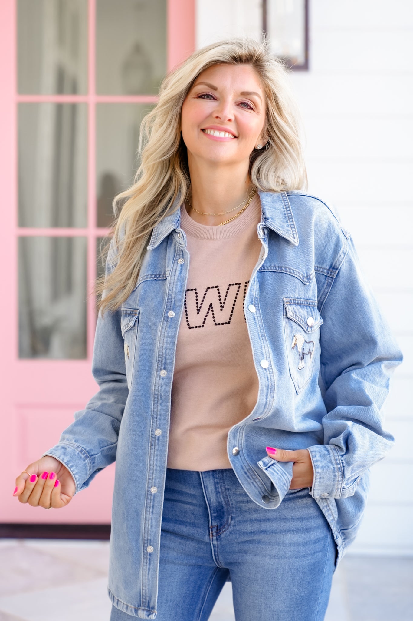 Medium Washed Long Sleeve Shacket with Horse Embroidery