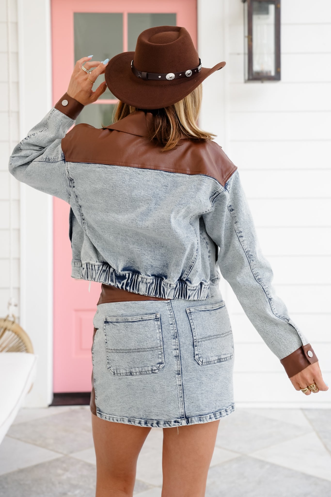 Long Sleeve Button Up Jacket with Vegan Leather Detail