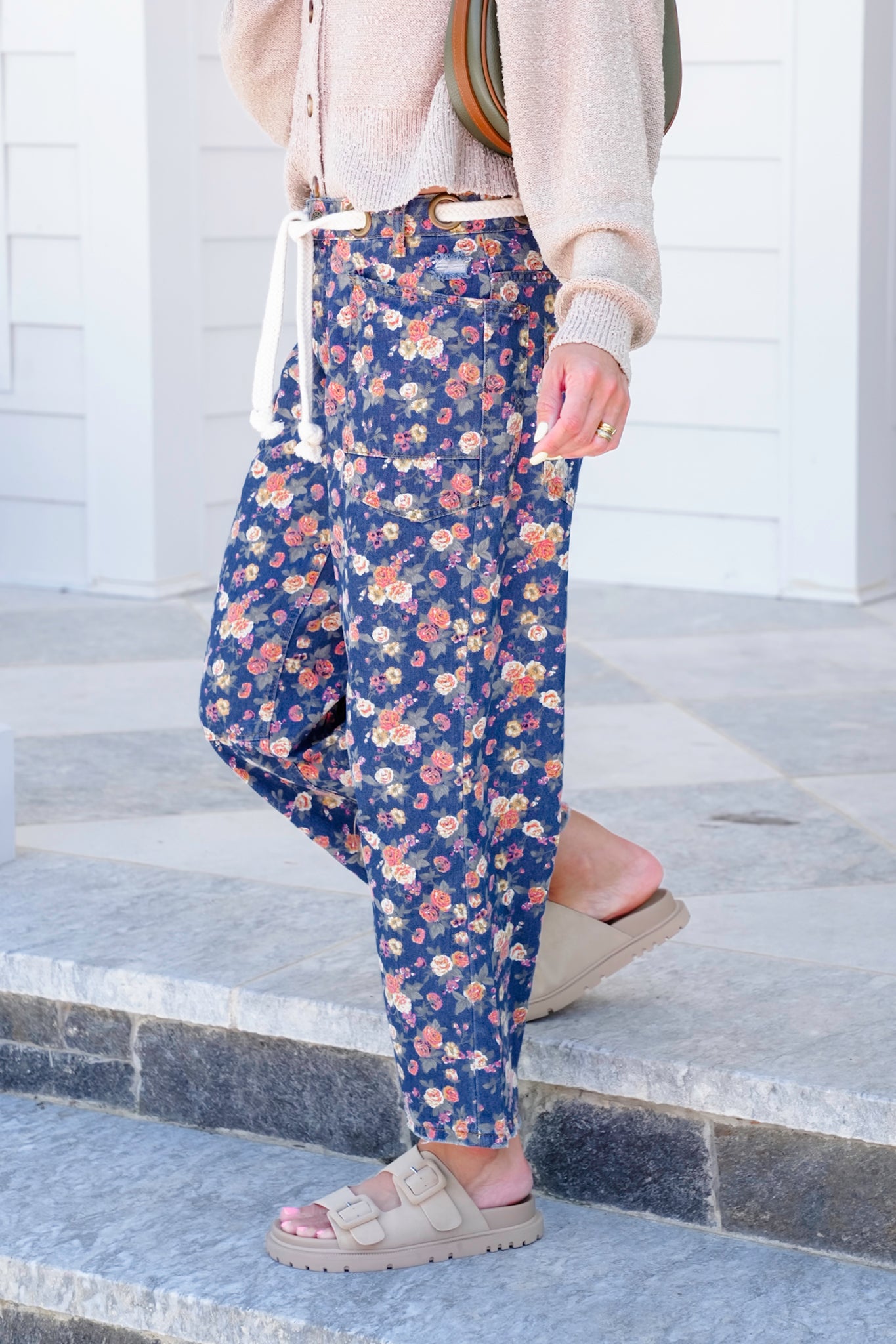 Floral Mineral Wash Pants with Braided Belt Detail