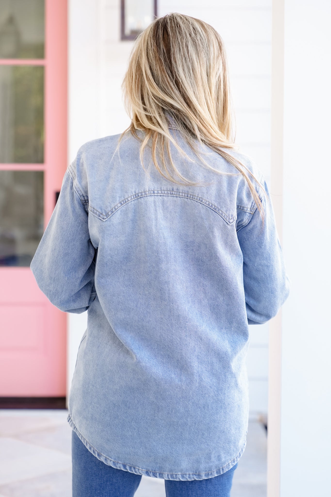 Medium Washed Long Sleeve Shacket with Horse Embroidery