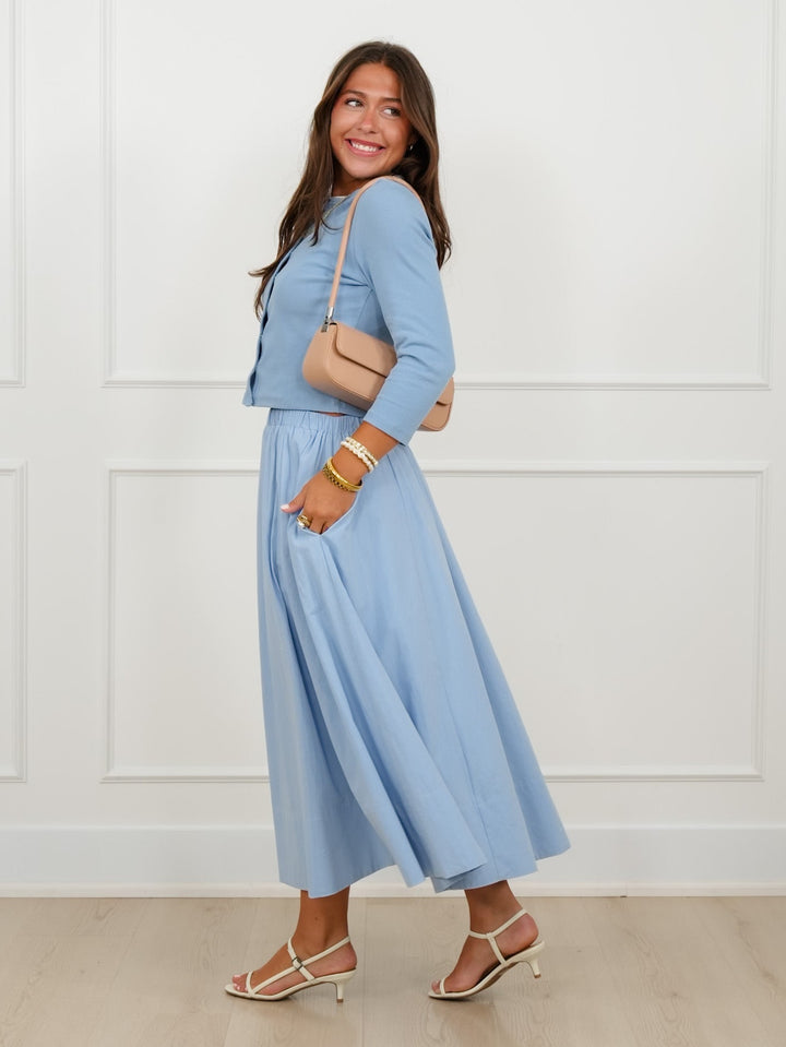 Solid Long Sleeve Button Down Cardigan And Skirt