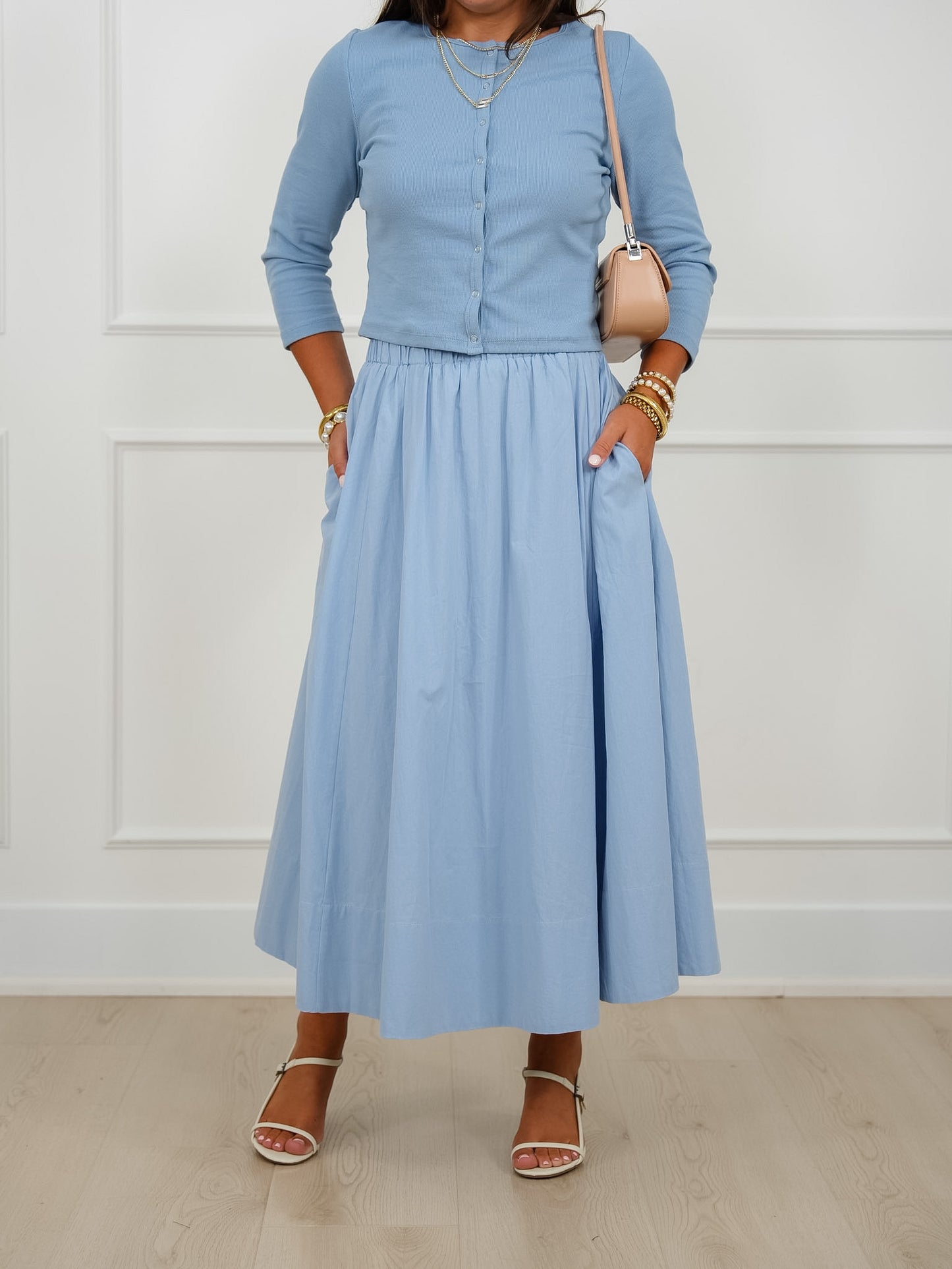 Solid Long Sleeve Button Down Cardigan And Skirt
