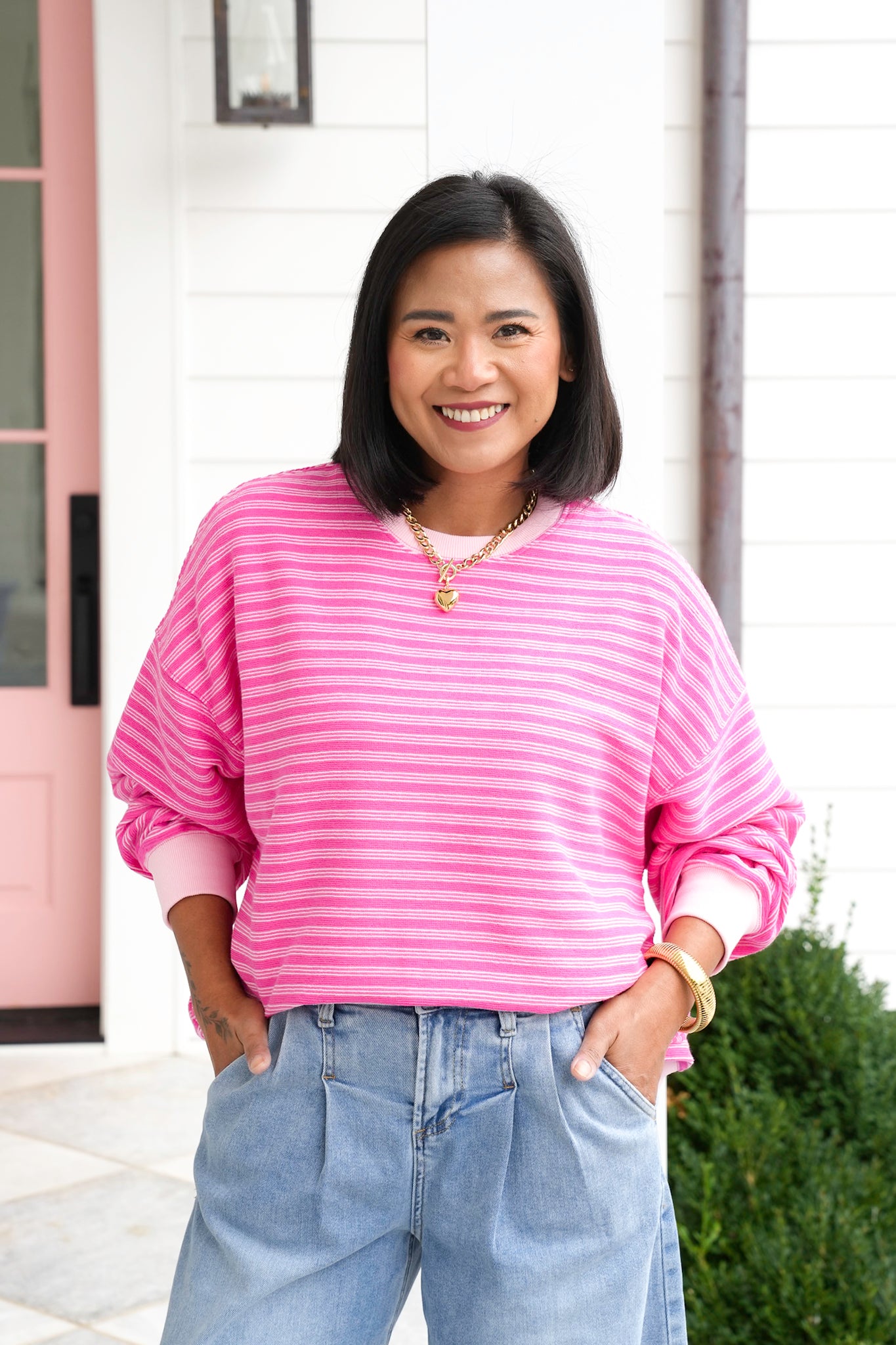 Striped Long Sleeve Crew Neck Knit Pullover Top