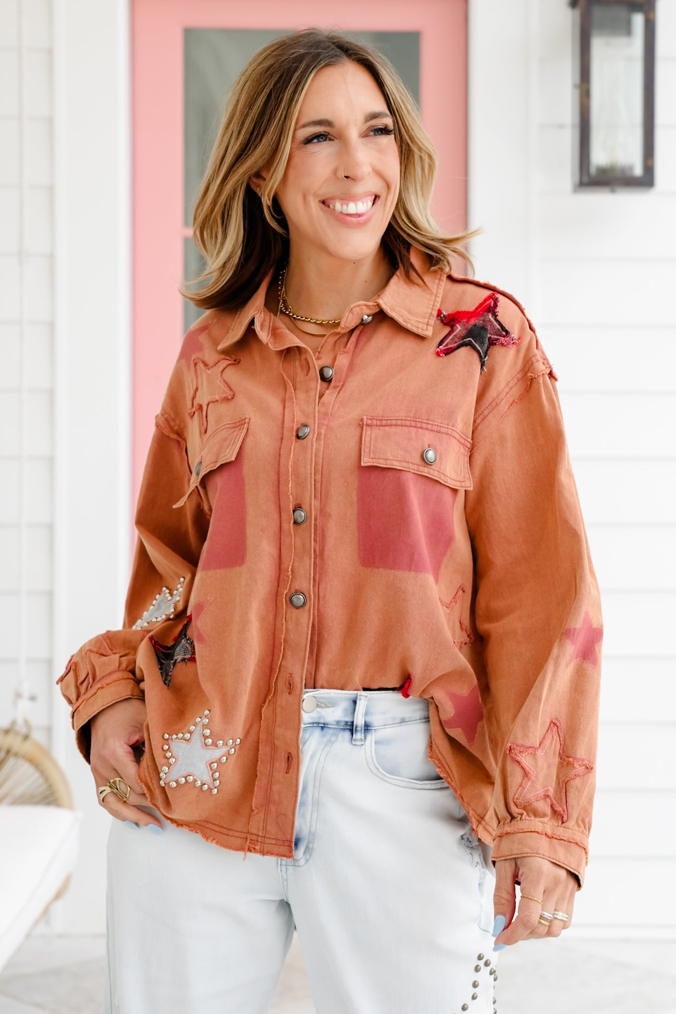 POL Long Sleeve Button Down Shacket with Star Detail