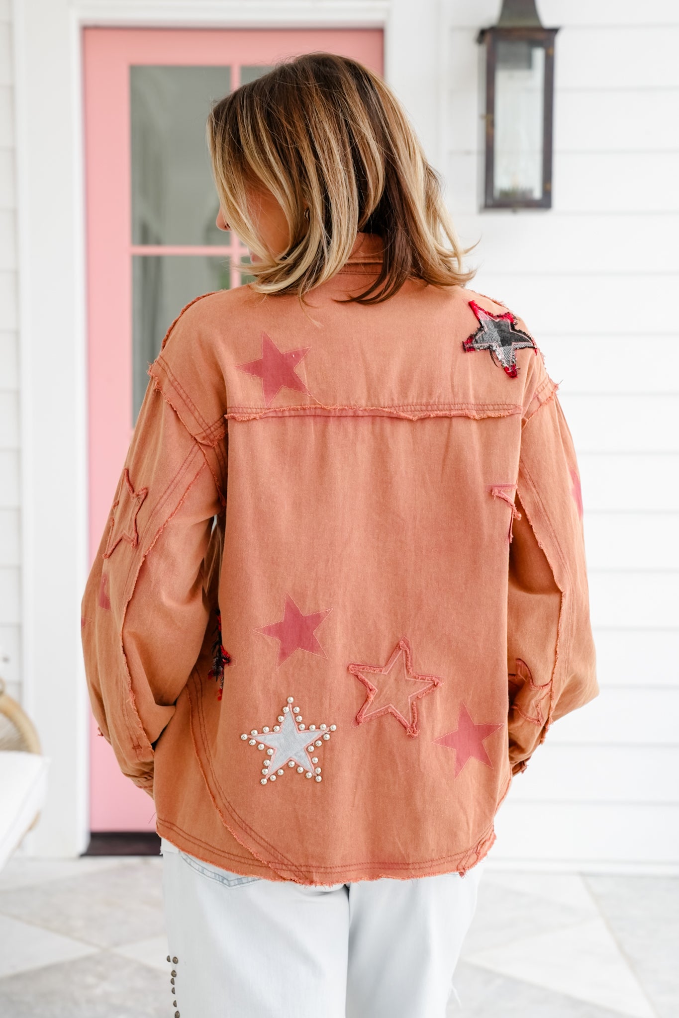 POL Long Sleeve Button Down Shacket with Star Detail