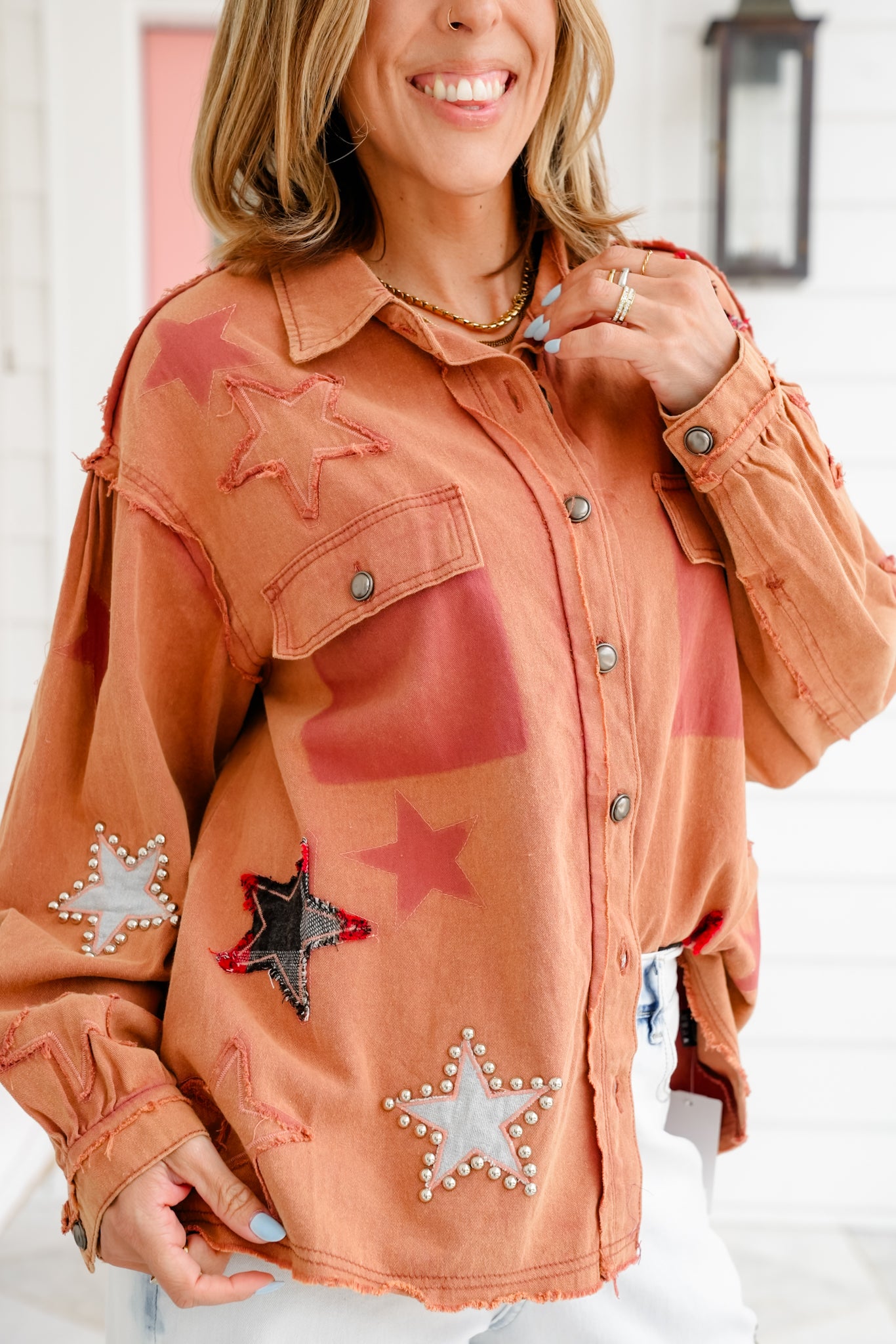 POL Long Sleeve Button Down Shacket with Star Detail