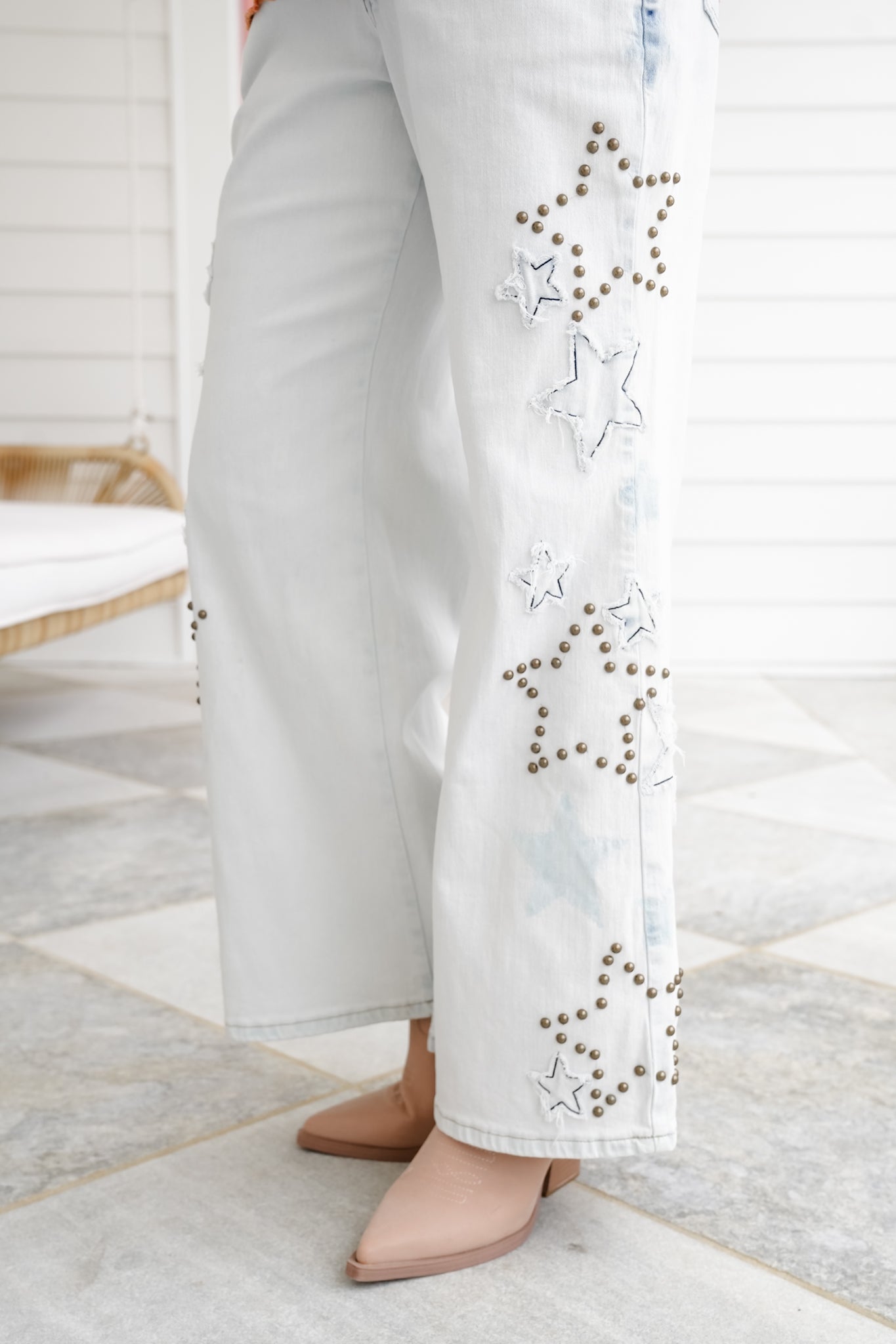 Light Denim Wide Leg Jeans with Star Patch and Stud Detail