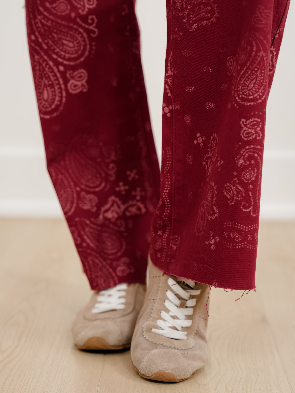 POPPY & PINE Red Bandana Print Frayed Hem Pants