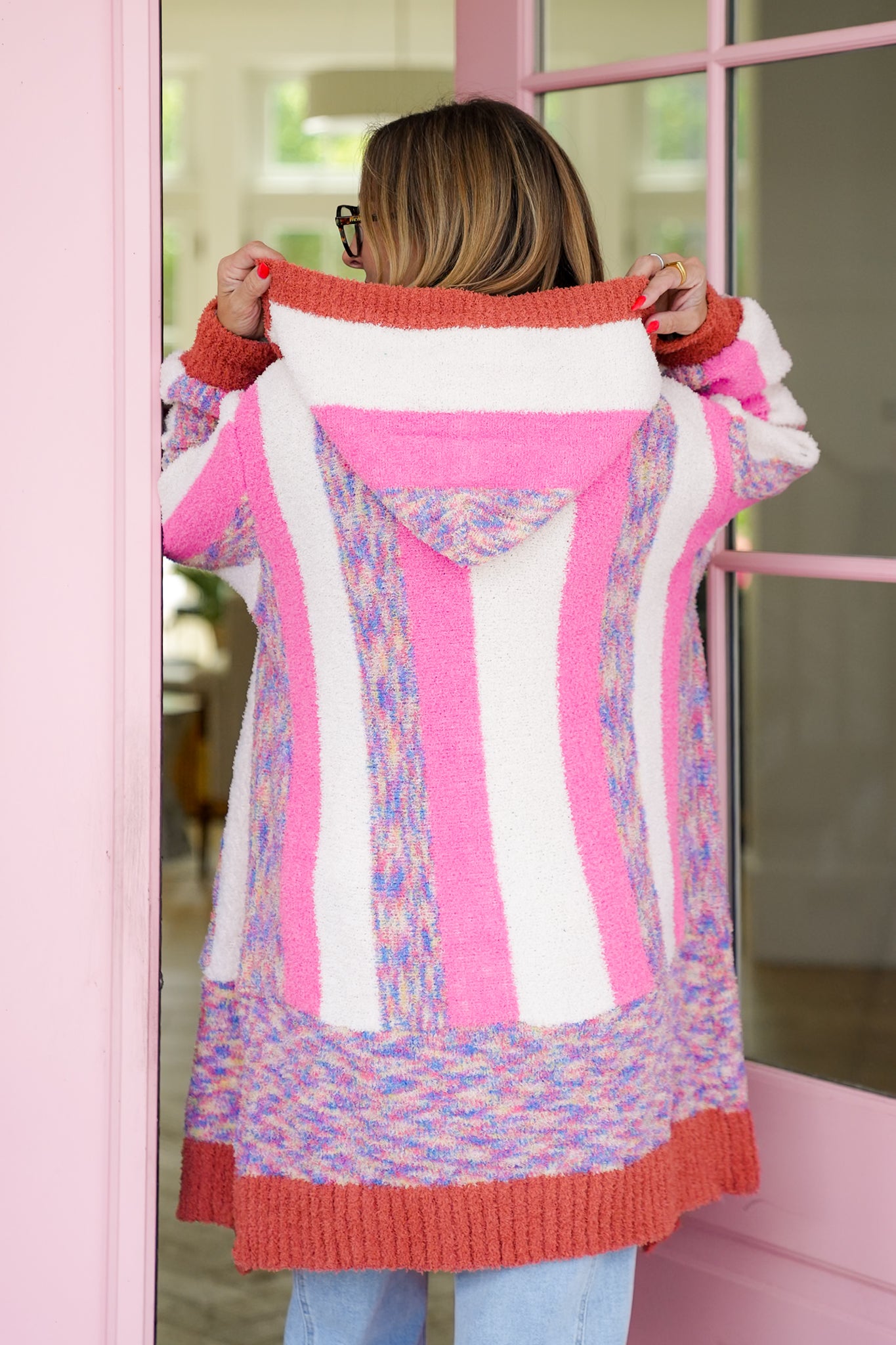 POL Stripe Long Sleeve Hoodie Cardigan with Buttons