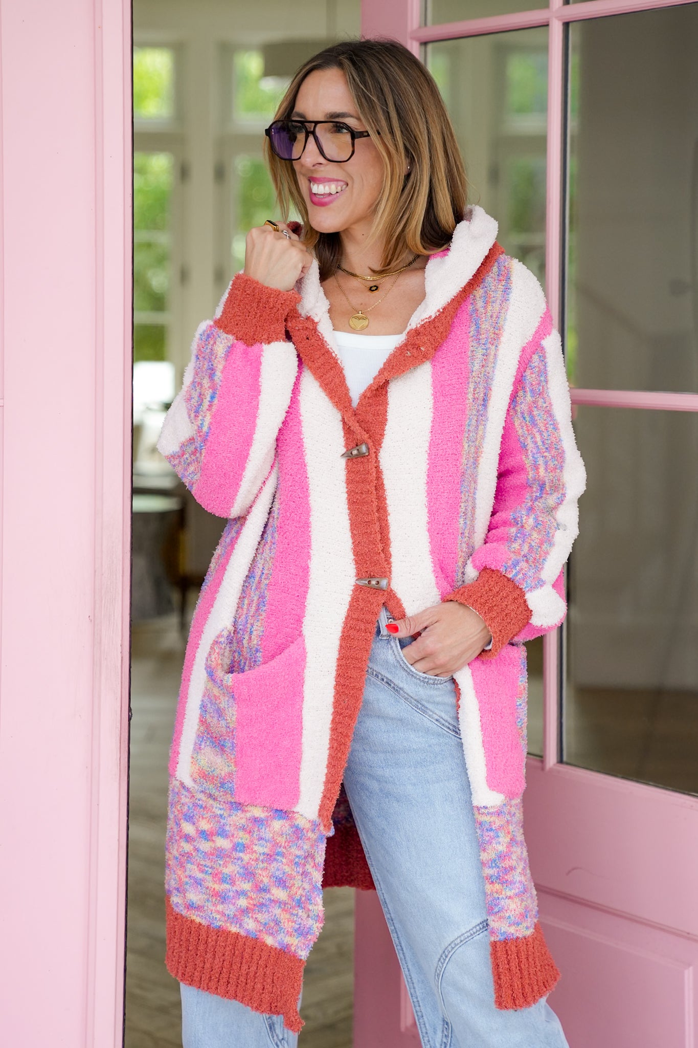 POL Stripe Long Sleeve Hoodie Cardigan with Buttons