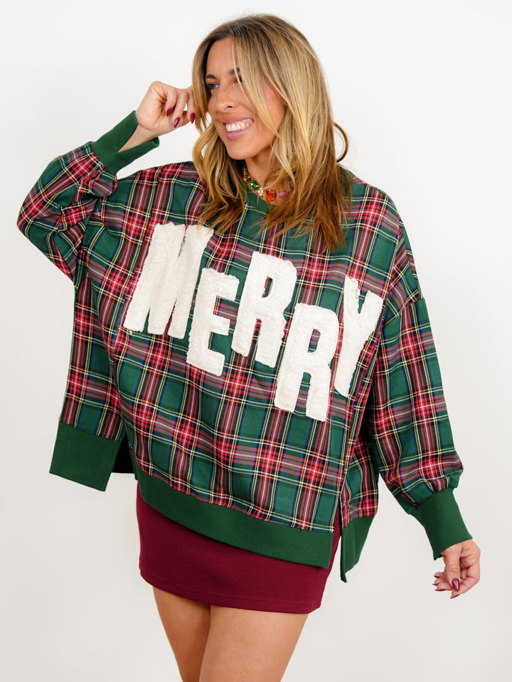 Plus/Reg Merry Sherpa Applique Plaid Long Sleeve Pullover - Freckled Poppy