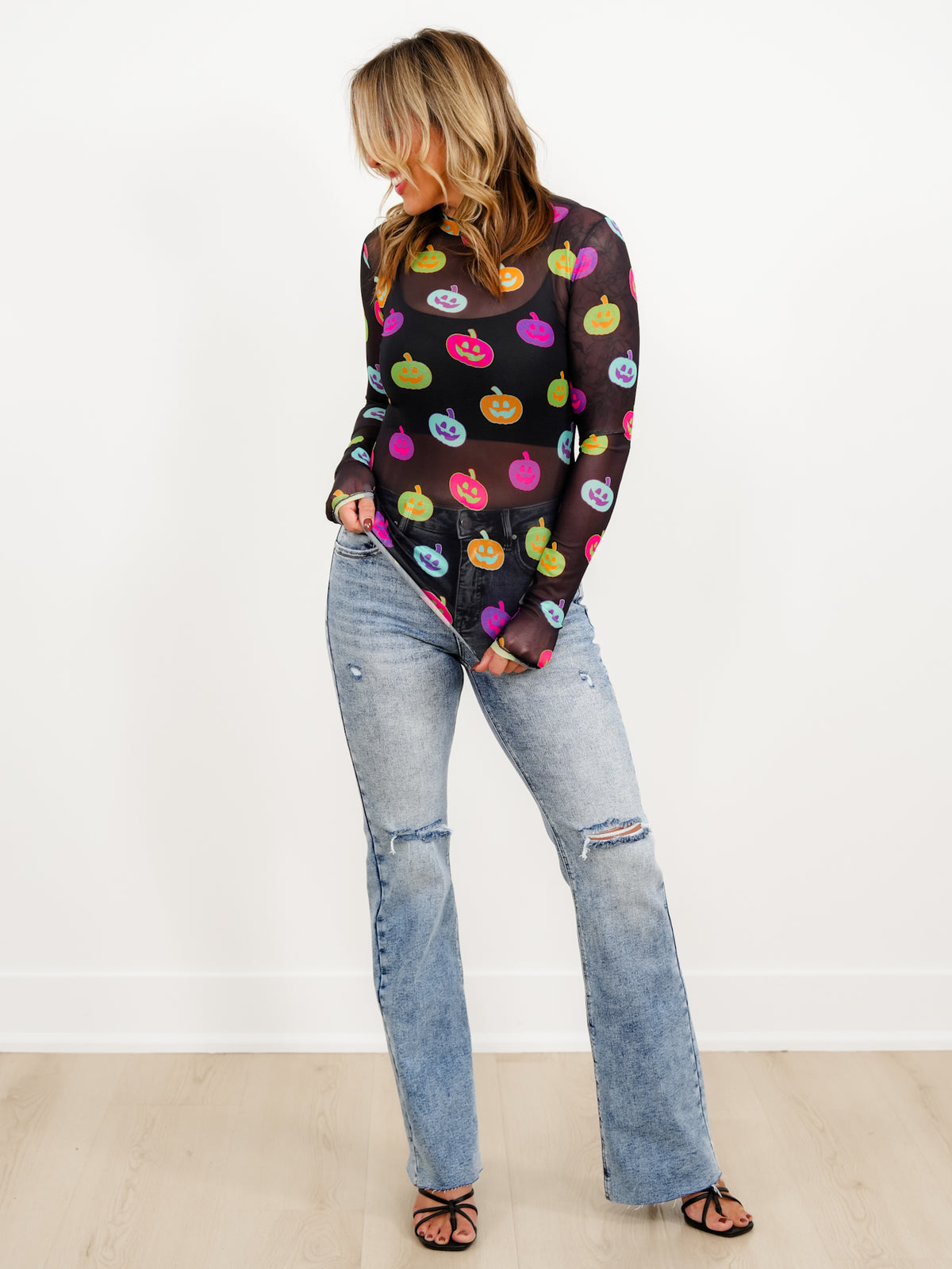 Plus/Reg Long Sleeve Colorful Pumpkins Mesh Top